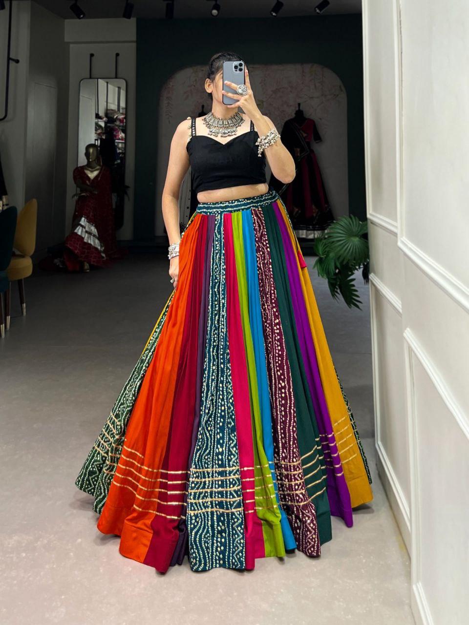 Discover heavy work Chaniya Cholis for Navratri with mirror &amp; embroidery styles.