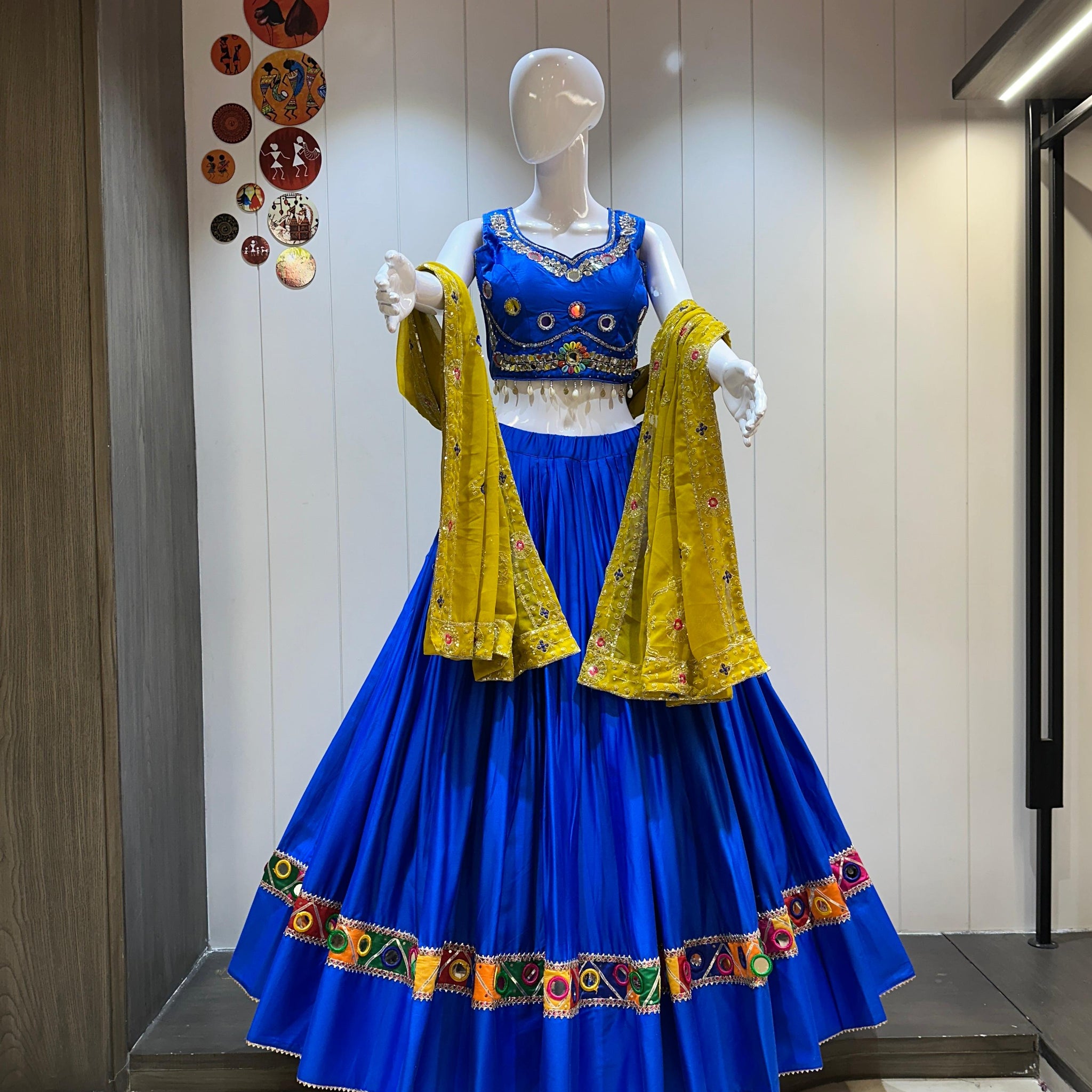 Royal blue chaniya choli with yellow dupatta for Navratri

