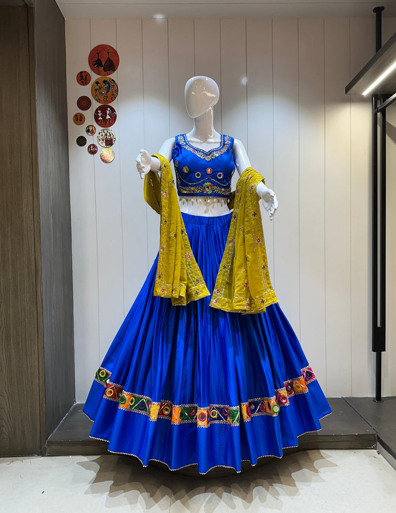 Royal blue chaniya choli with yellow dupatta for Navratri


