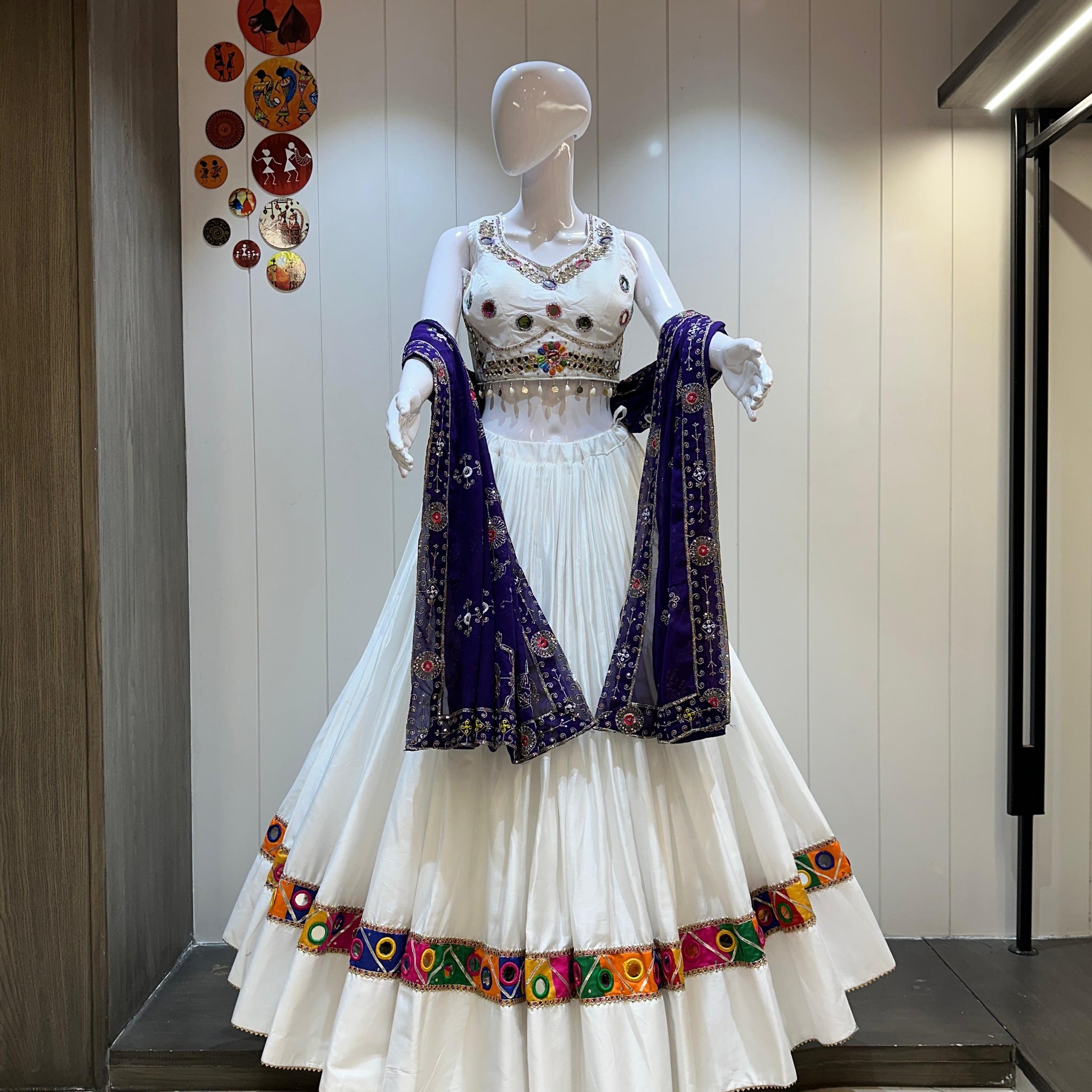 White Chaniya Choli with Purple Dupatta for Navratri