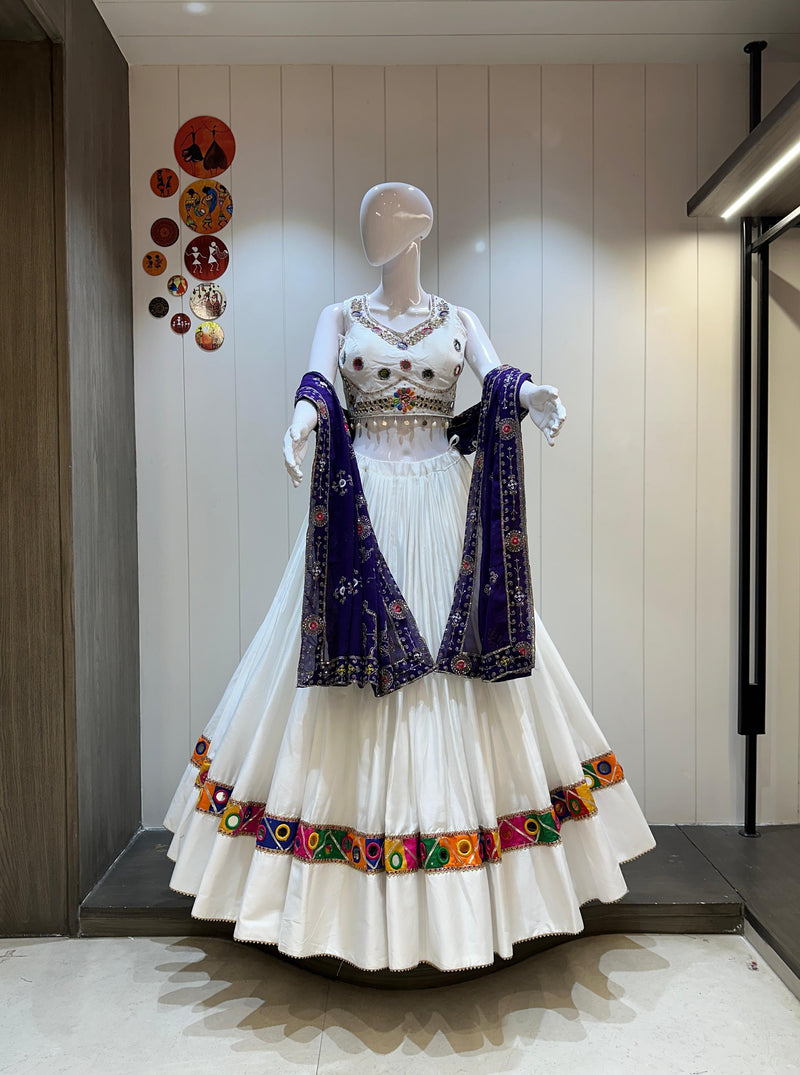 White Chaniya Choli with Purple Dupatta for Navratri