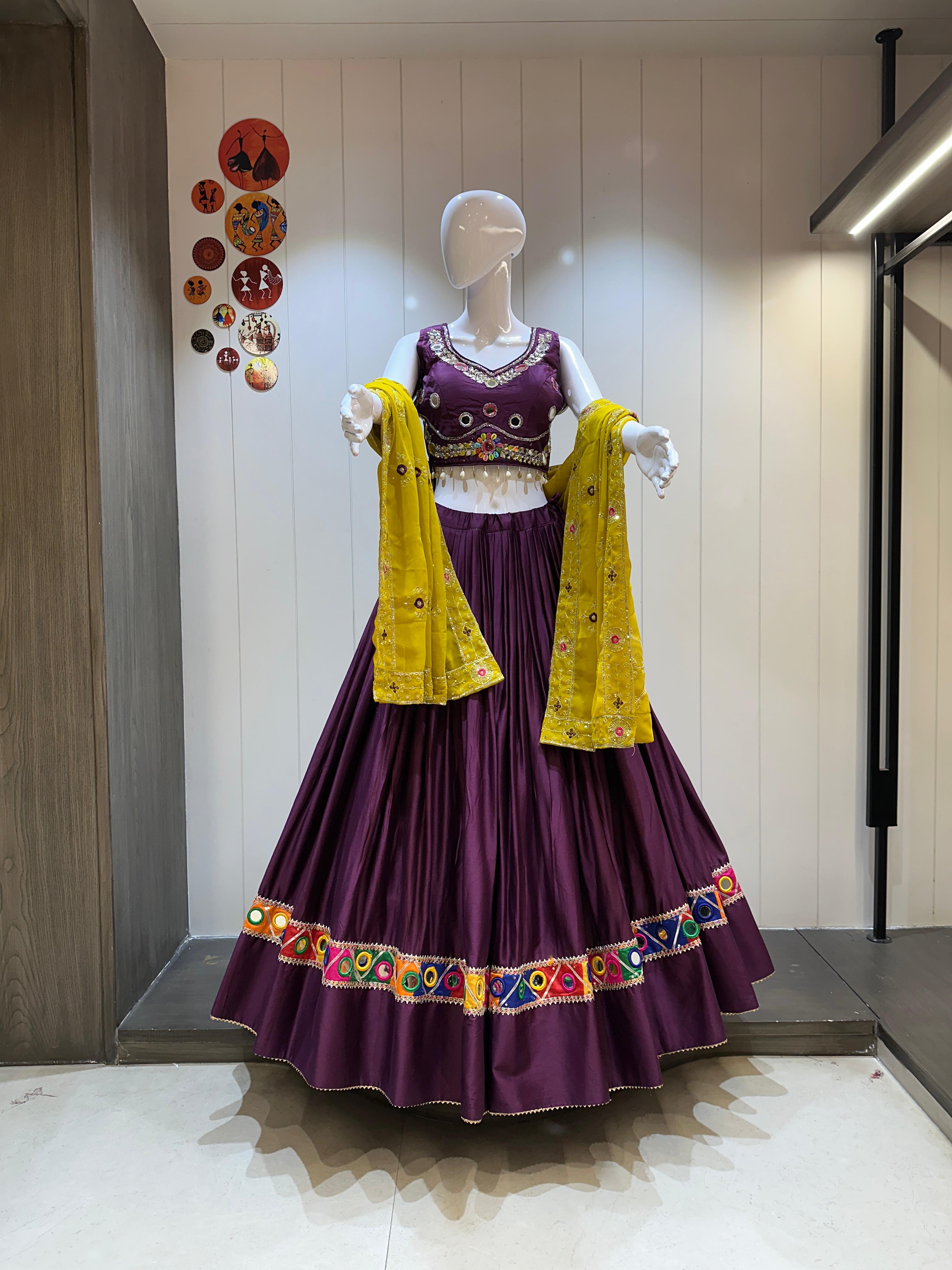 Purple Navratri Chaniya Choli with Yellow Dupatta for Garba