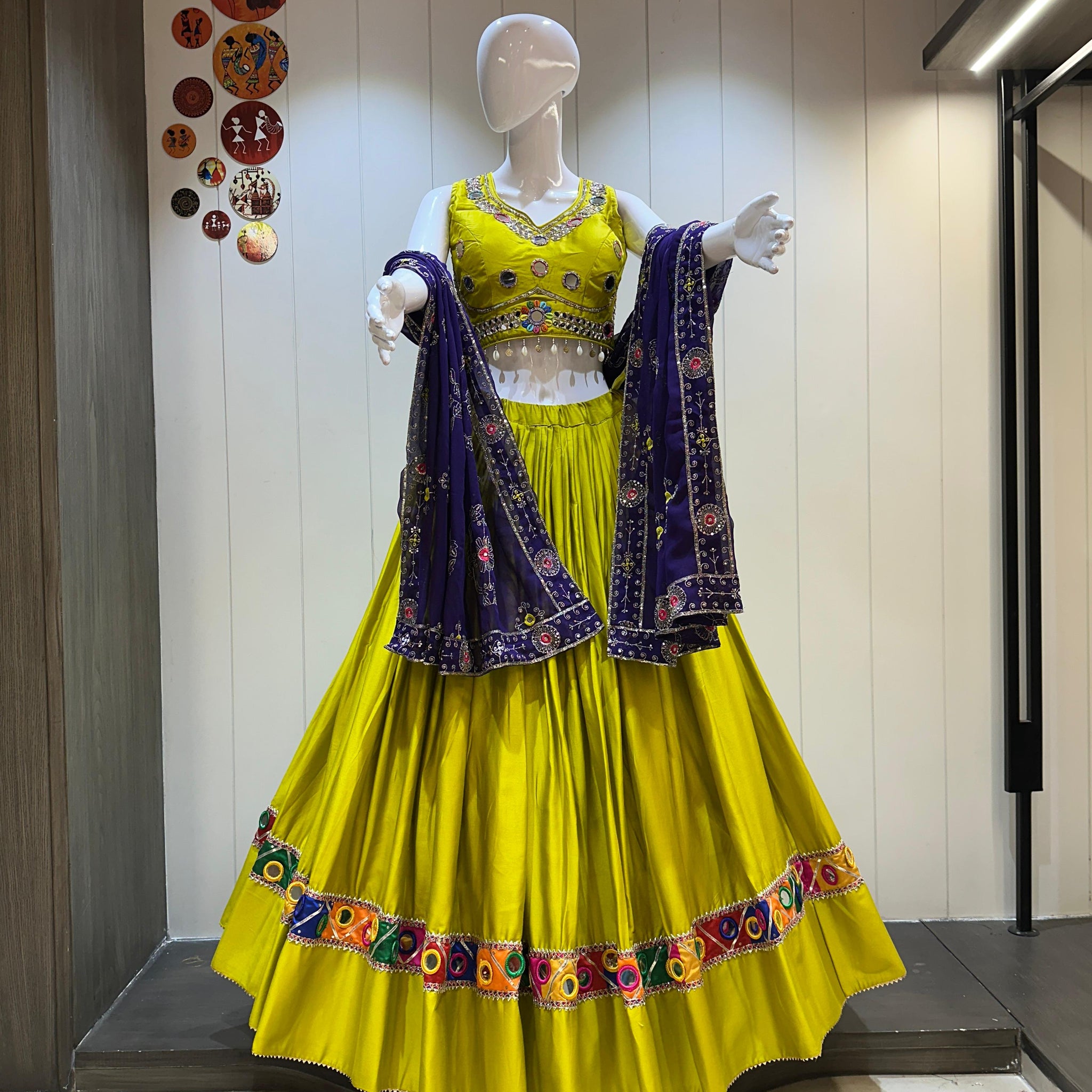 Yellow Chaniya Choli for Garba with Purple Dupatta