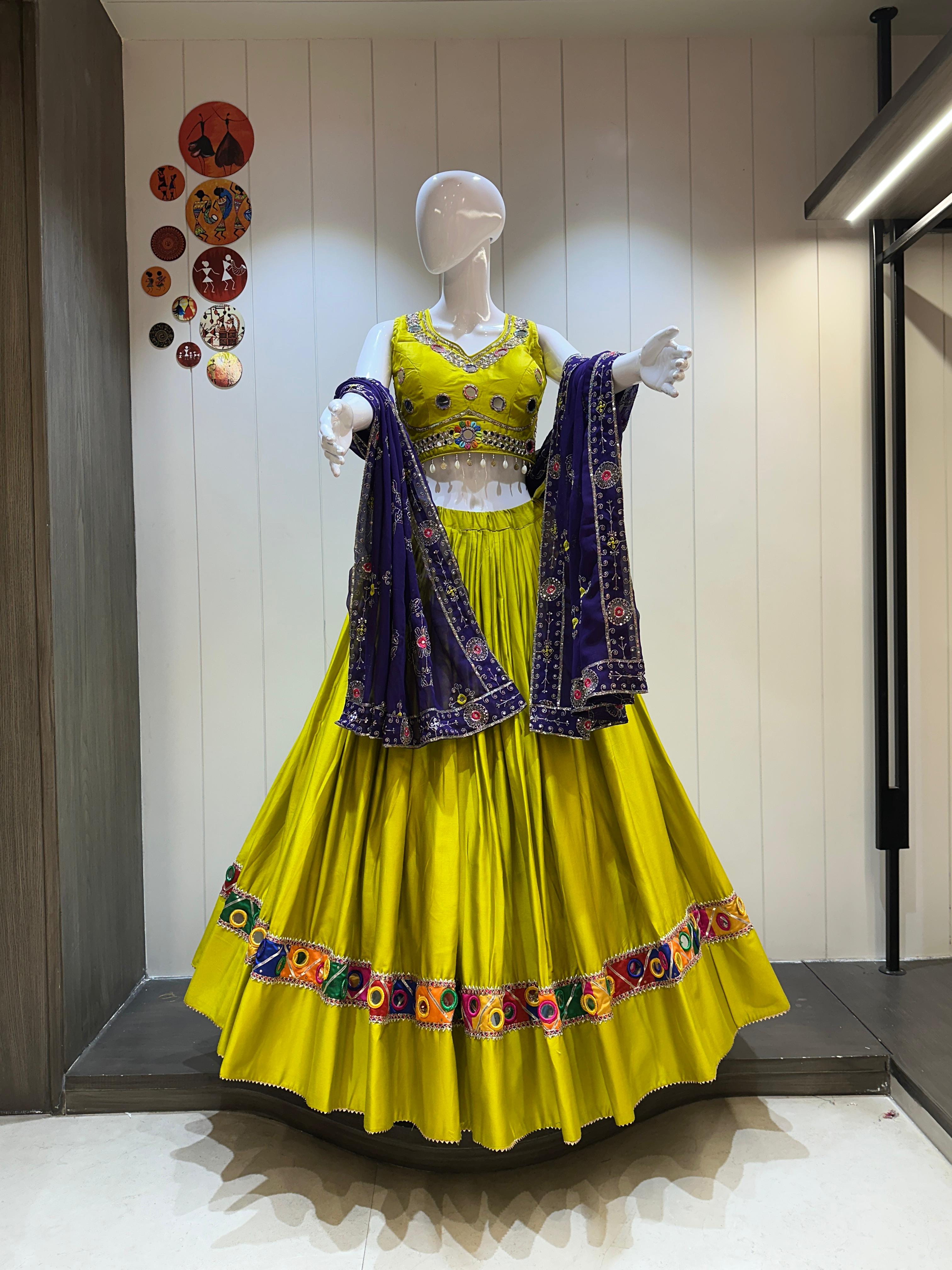 Yellow Chaniya Choli for Garba with Purple Dupatta