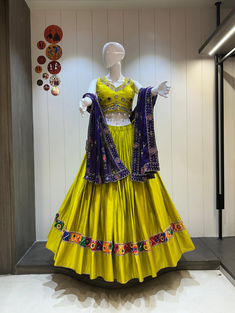 Yellow Chaniya Choli for Garba with Purple Dupatta