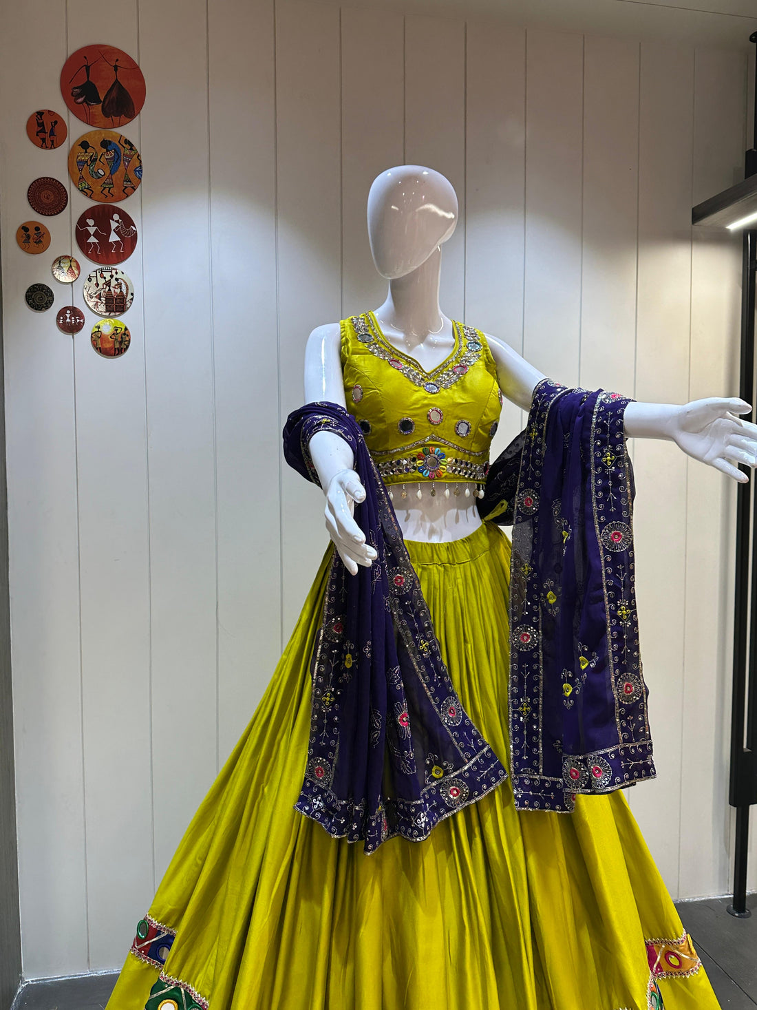 Yellow Chaniya Choli for Garba with Purple Dupatta