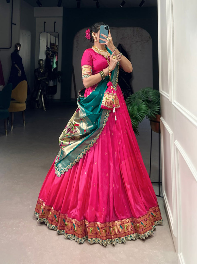 Pink Pure Jacquard Silk Zari Weaving Lehenga Choli