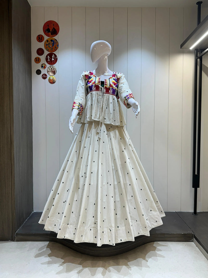 White Chaniya Choli with Kutchi Mirror Embroidery Kediyu

