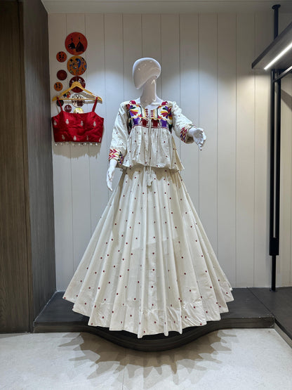 White Khadi Cotton Chaniya Choli with Kutchi Embroidered Kediyu

