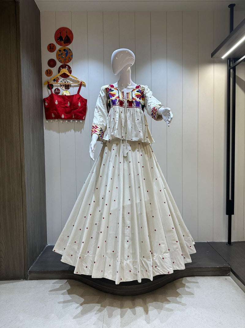 White Khadi Cotton Chaniya Choli with Kutchi Embroidered Kediyu

