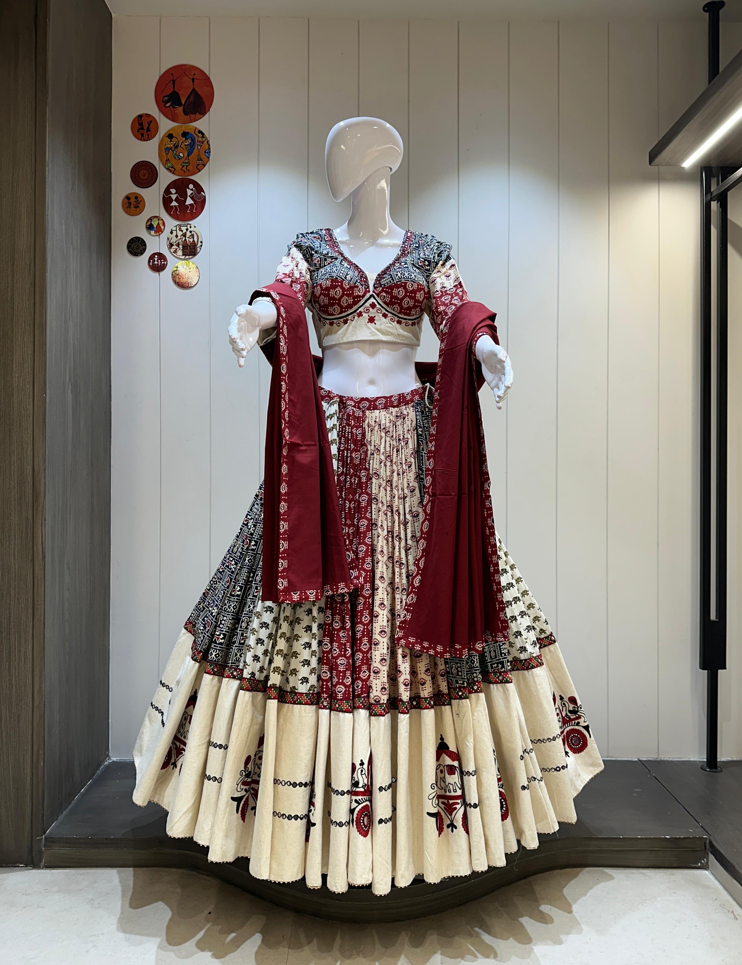 Cream maroon khadi chaniya choli with folk embroidery
