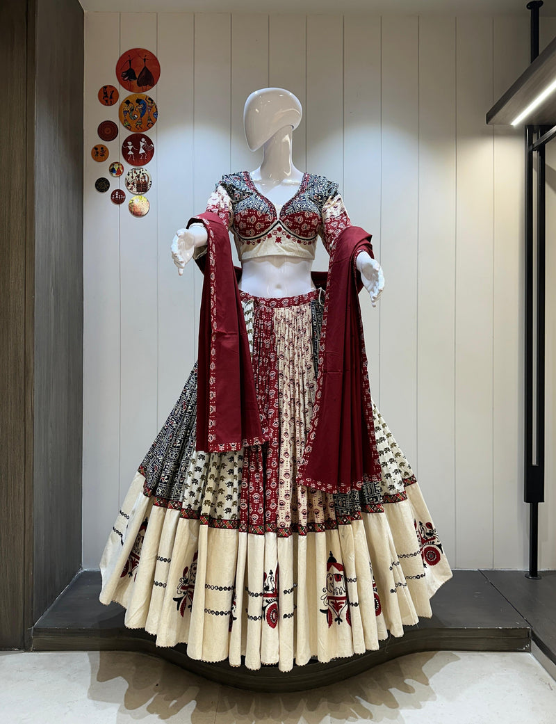 Cream maroon khadi chaniya choli with folk embroidery