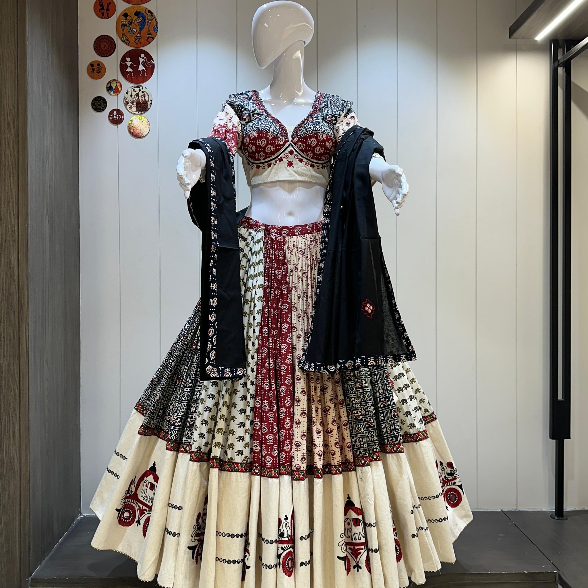 Ivory maroon khadi chaniya choli with patch design