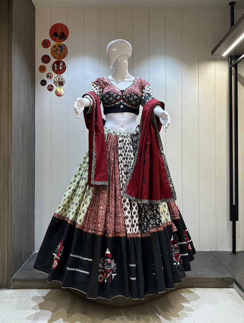 Black maroon khadi chaniya choli with 8 meter flare