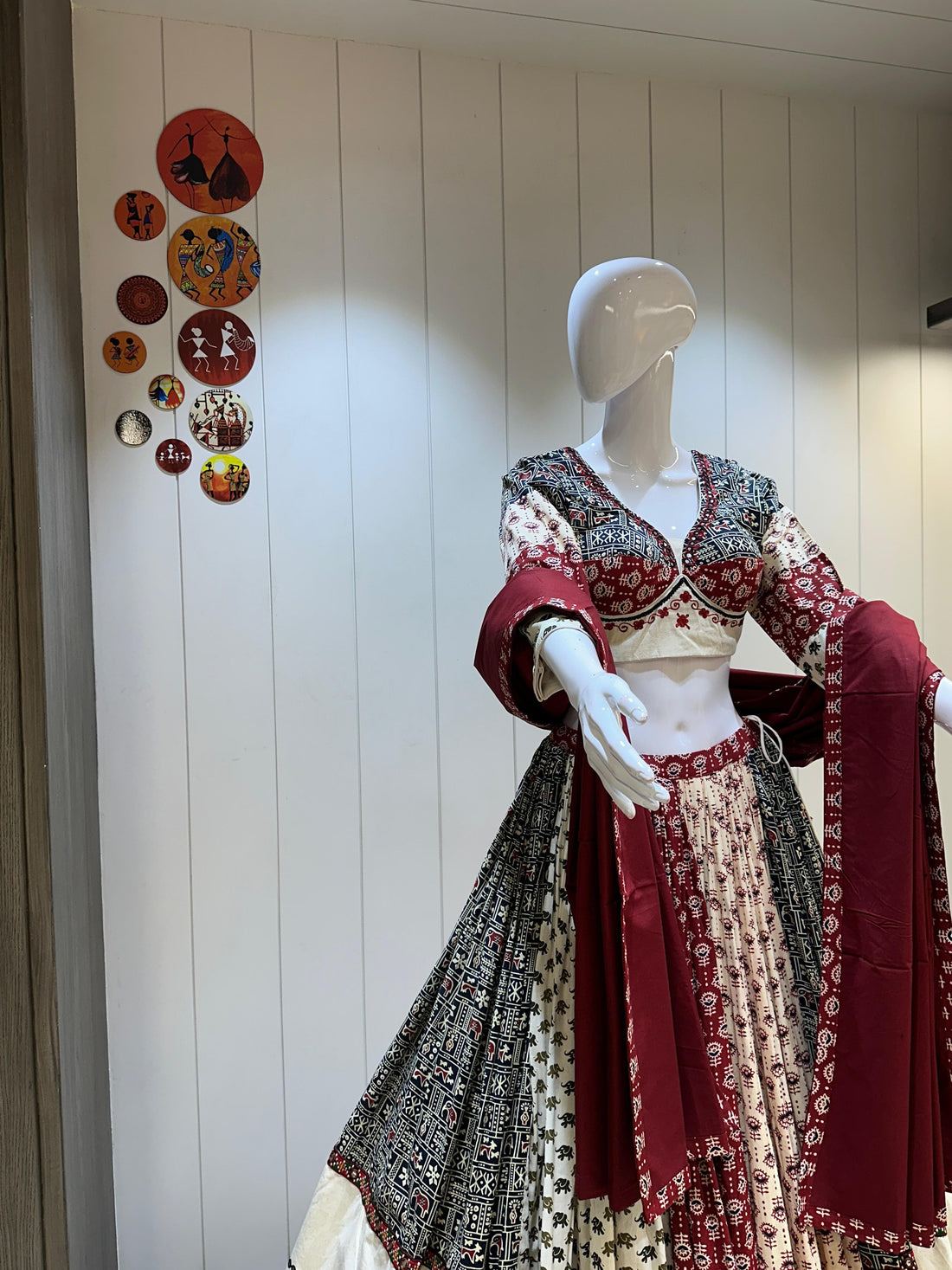 Cream maroon khadi chaniya choli with folk embroidery