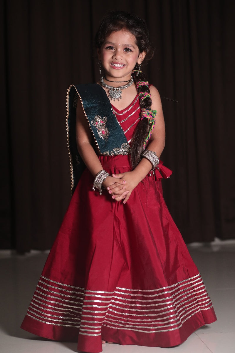 Roman silk full flared kids lehenga set for Garba night

