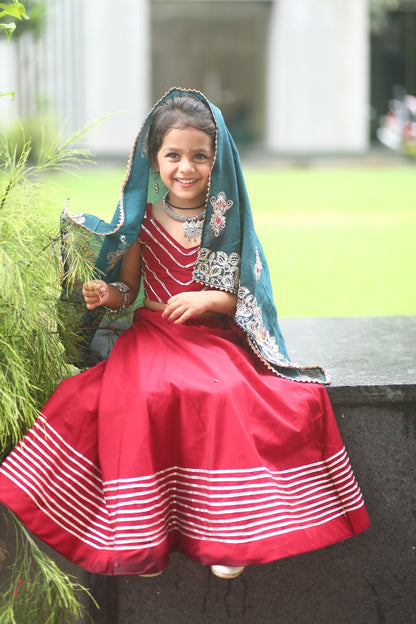 Sleeveless choli with gota lace and tassels for girls

