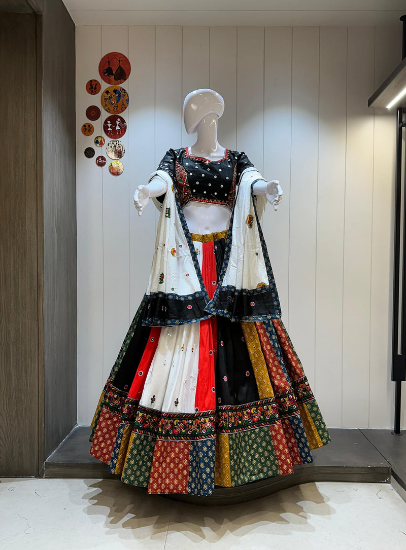 Half-Half Gamthi Work Chaniya Choli in Black and White