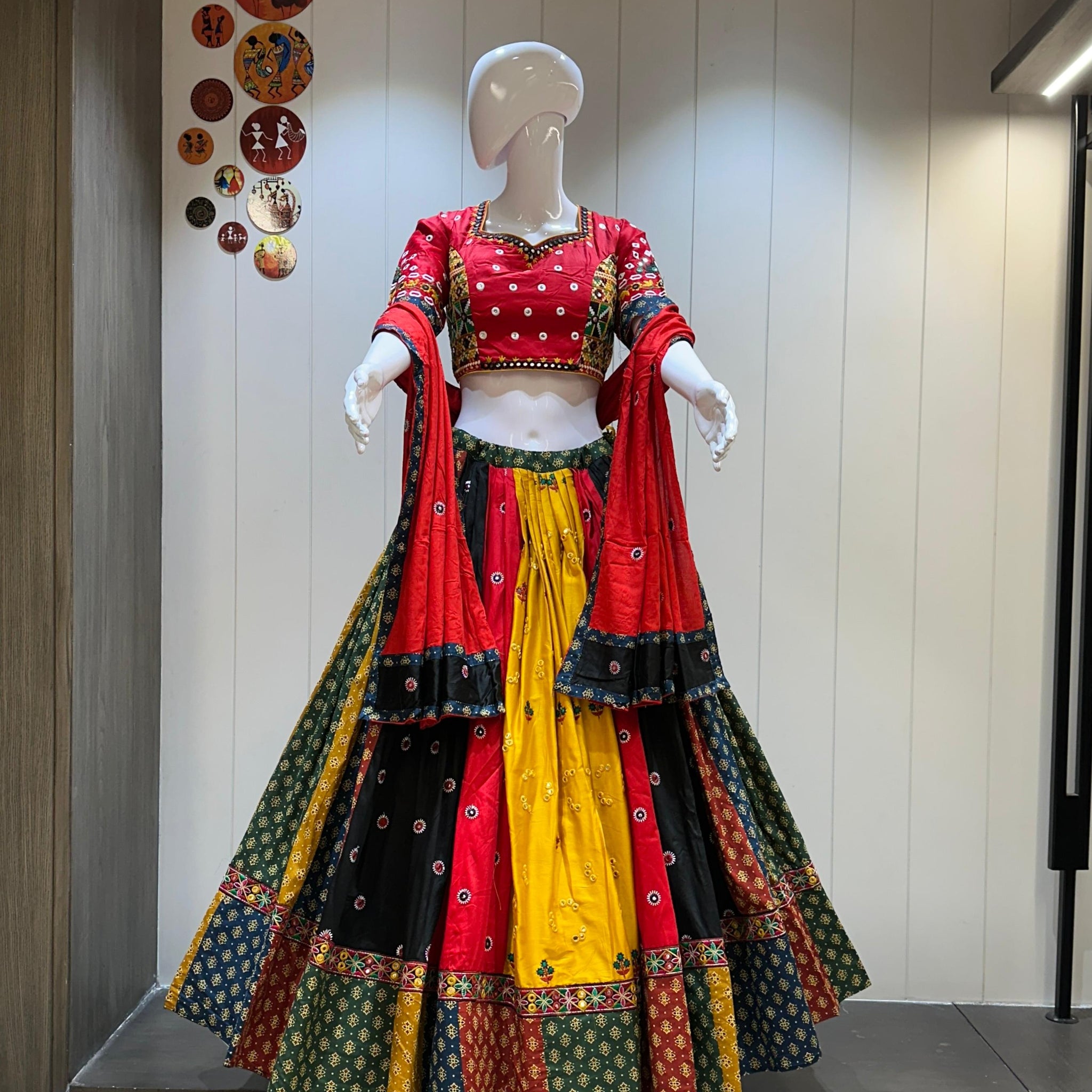 Red and Yellow Garba Chaniya Choli in Multi-Color Panels