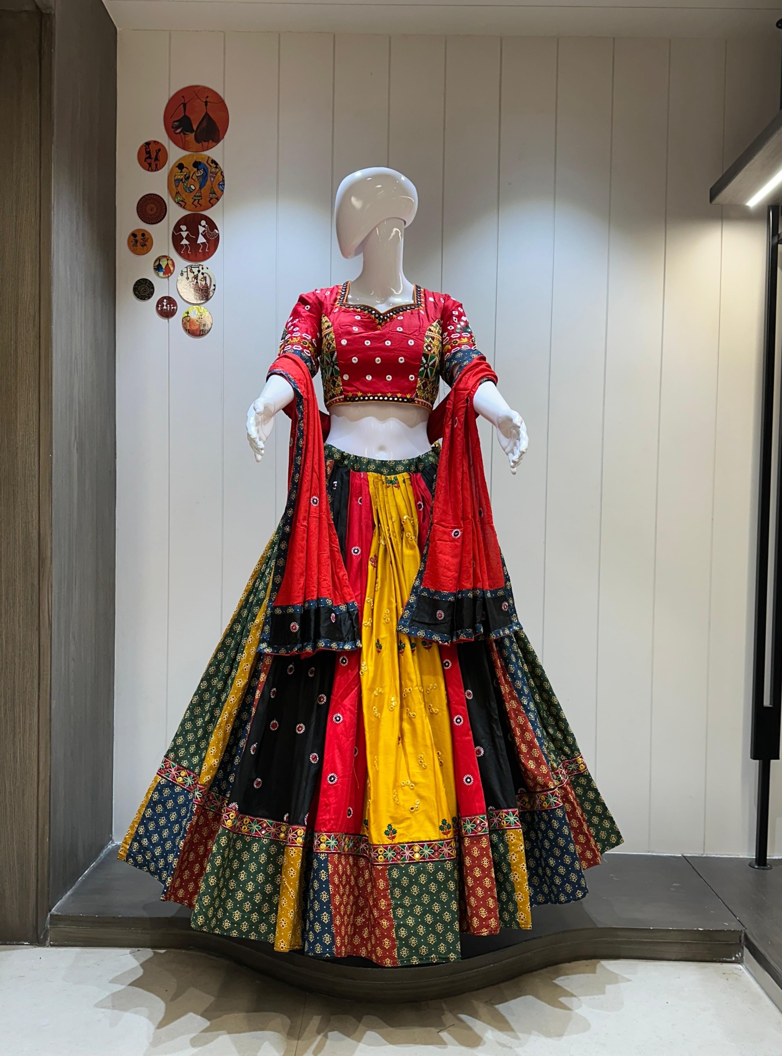 Red and Yellow Garba Chaniya Choli in Multi-Color Panels