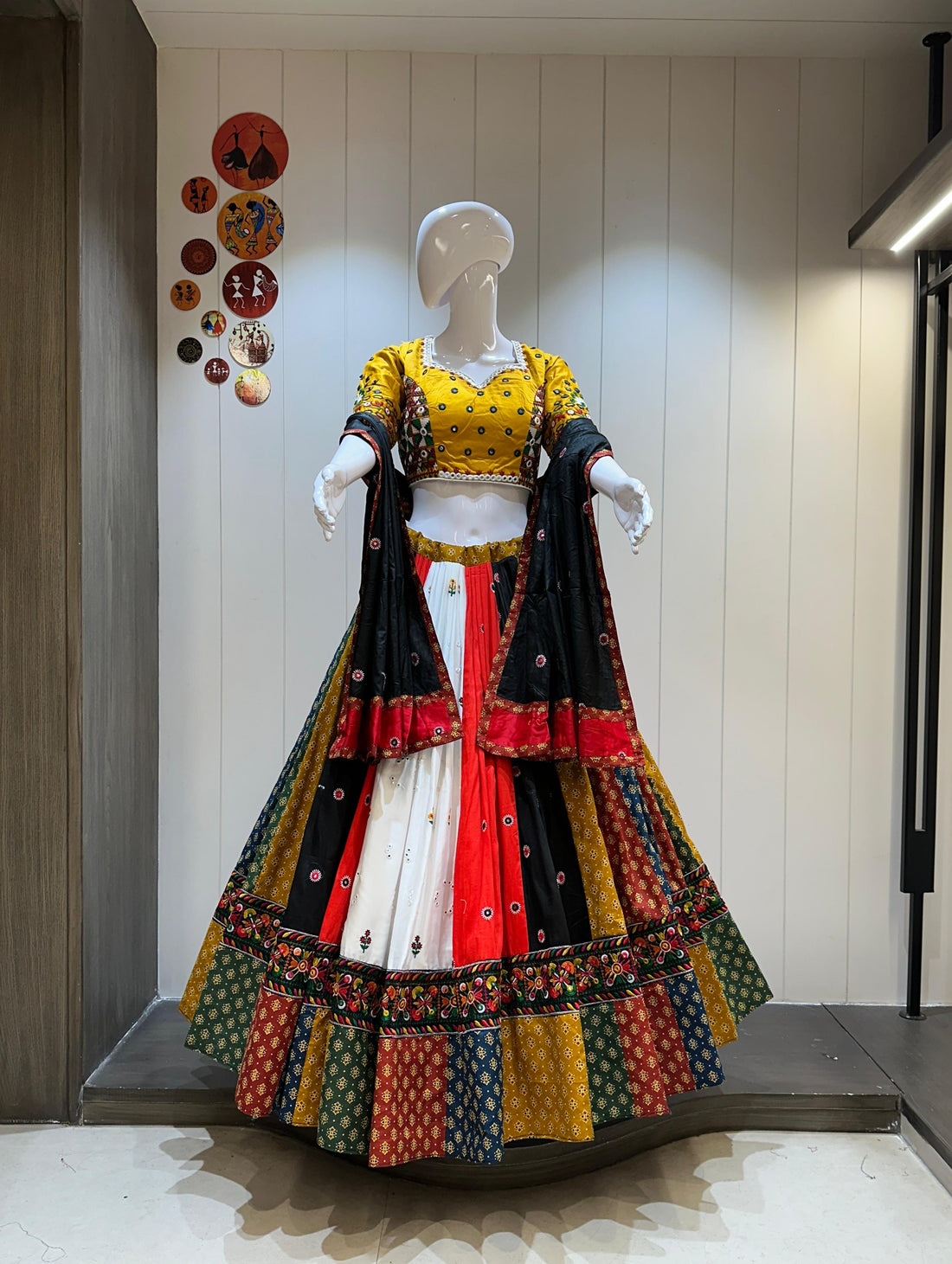 Red and Yellow Garba Chaniya Choli in Multi-Color Panels