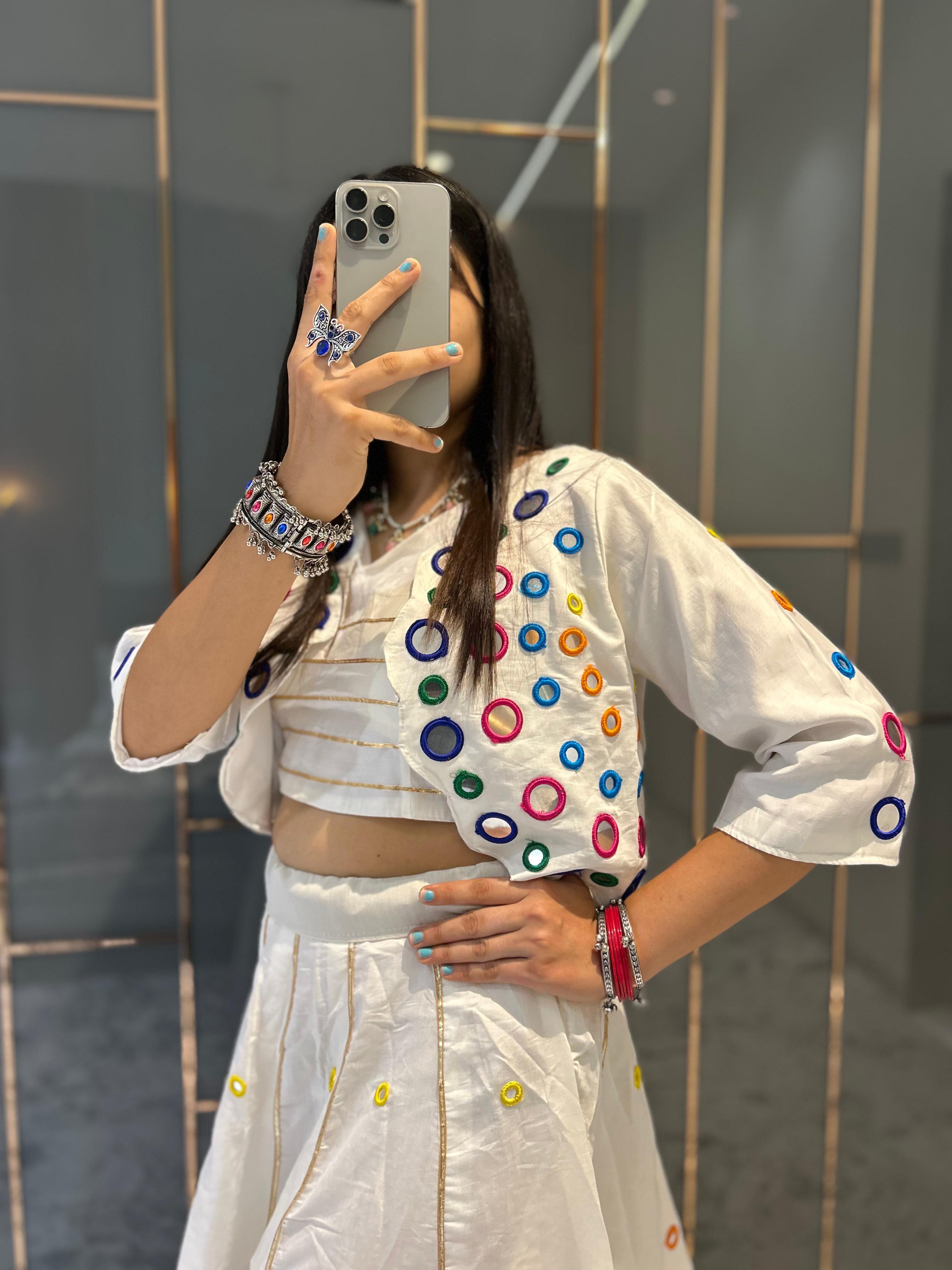 White Pure Cotton Multicolour Thread Navratri Lehenga Choli