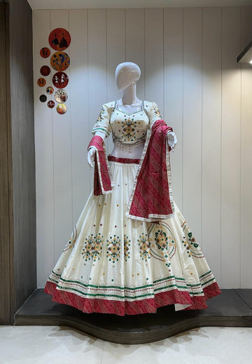 Ivory Red Aari Work Chaniya Choli with Bandhani Dupatta