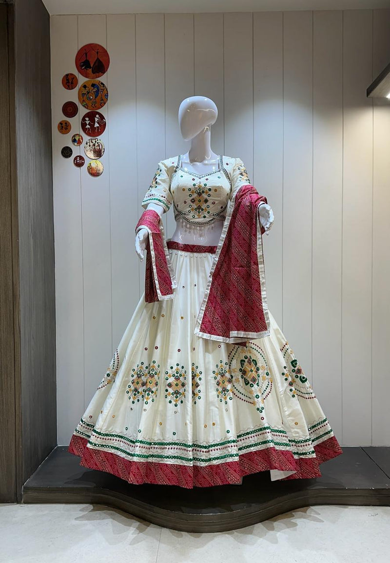 Ivory Red Aari Work Chaniya Choli with Bandhani Dupatta
