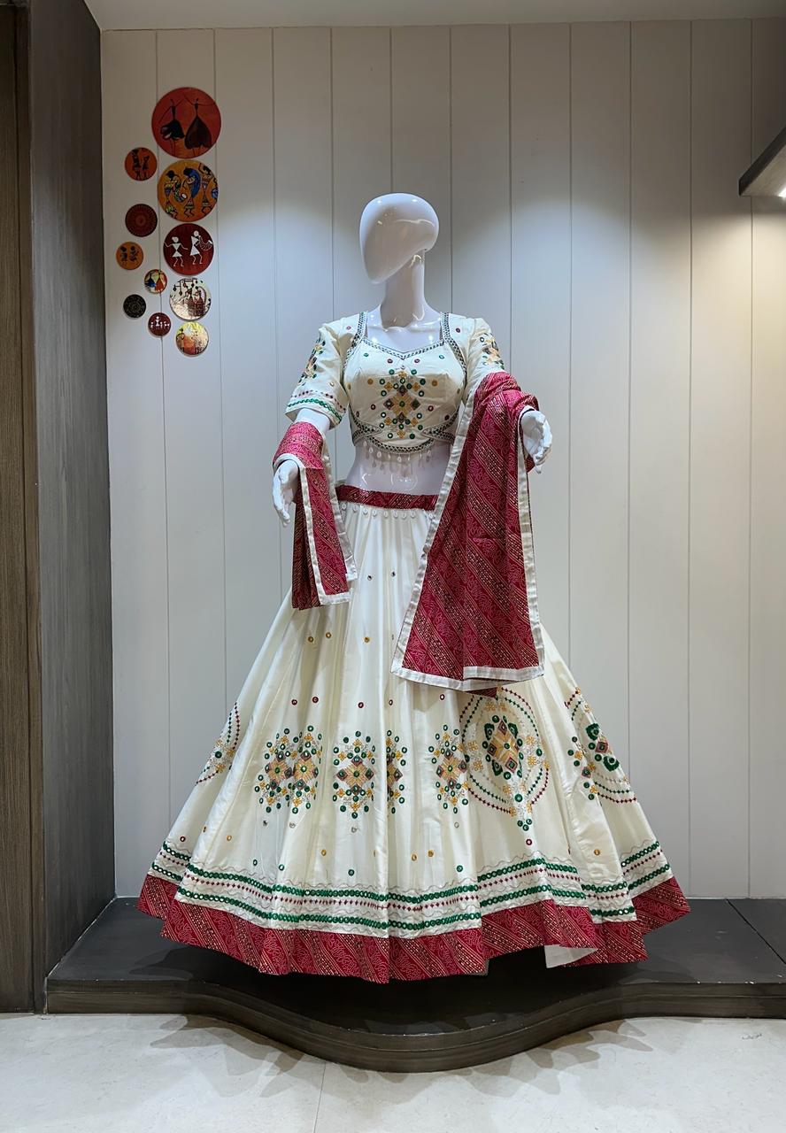 Ivory Red Aari Work Chaniya Choli with Bandhani Dupatta