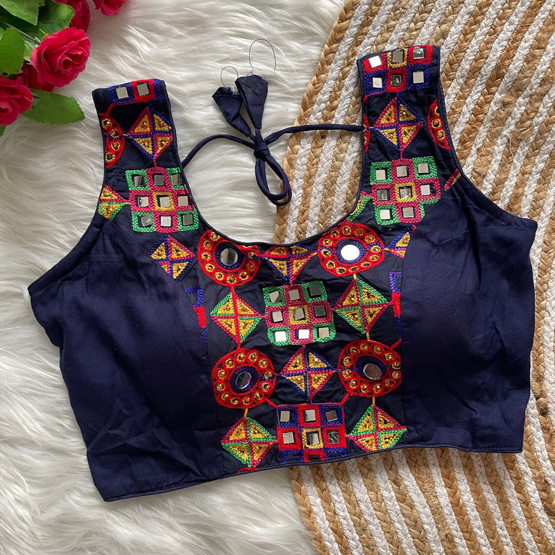 Navy Blue Pure Cotton Mirror Work Navratri Blouse