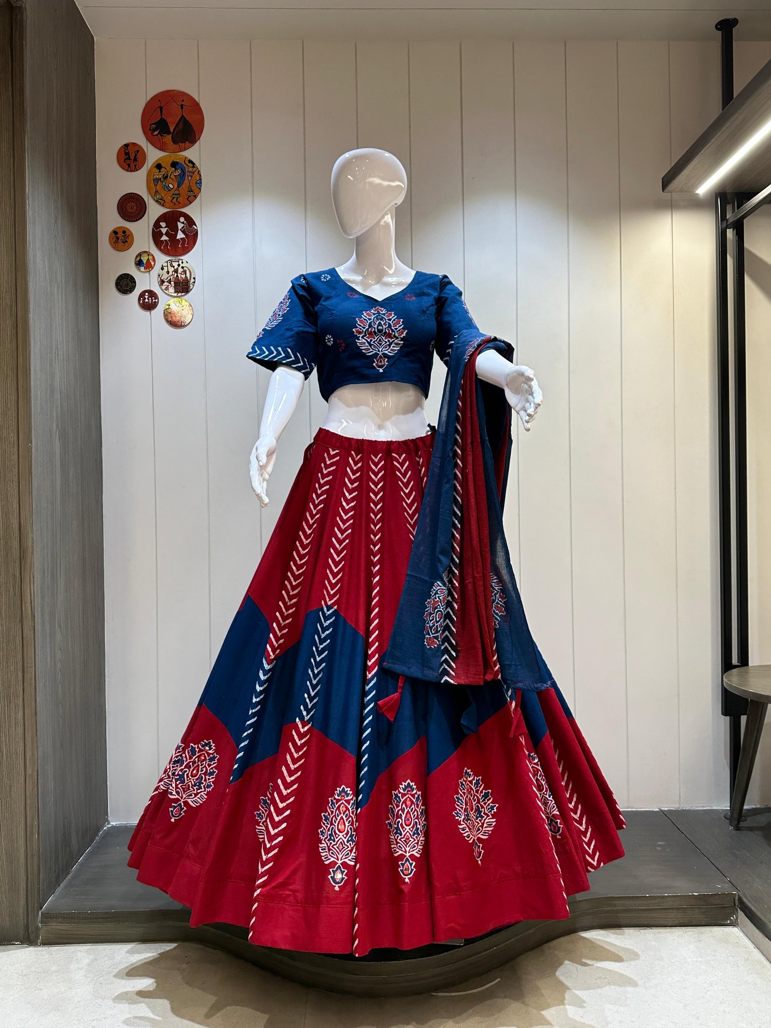 Maroon &amp; Navy Blue Chaniya Choli with Mirror Work


