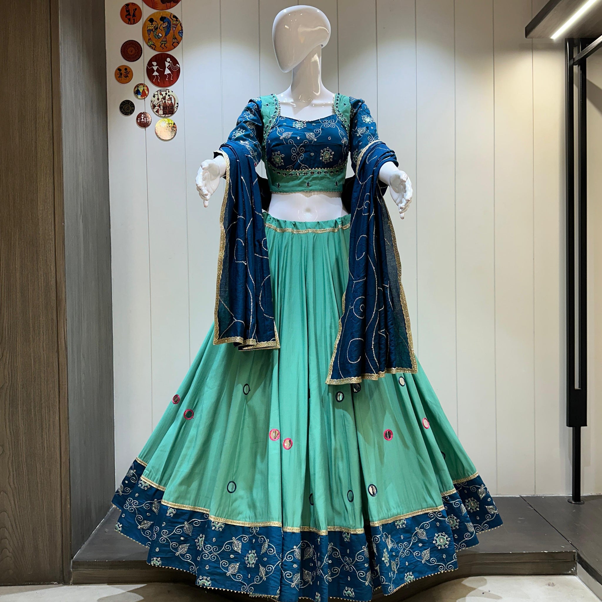 Green traditional Navratri lehenga choli with dupatta 