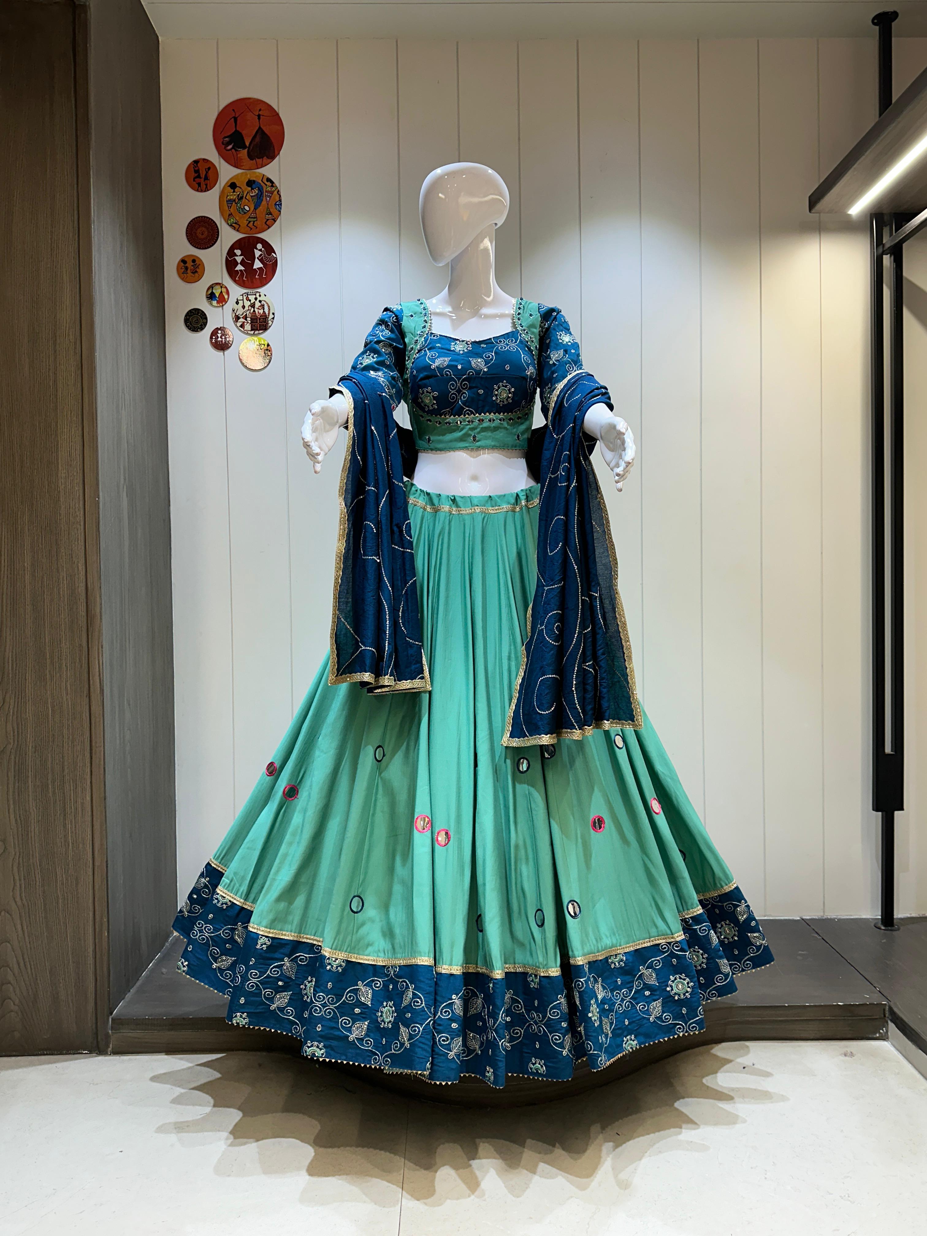Green traditional Navratri lehenga choli with dupatta 