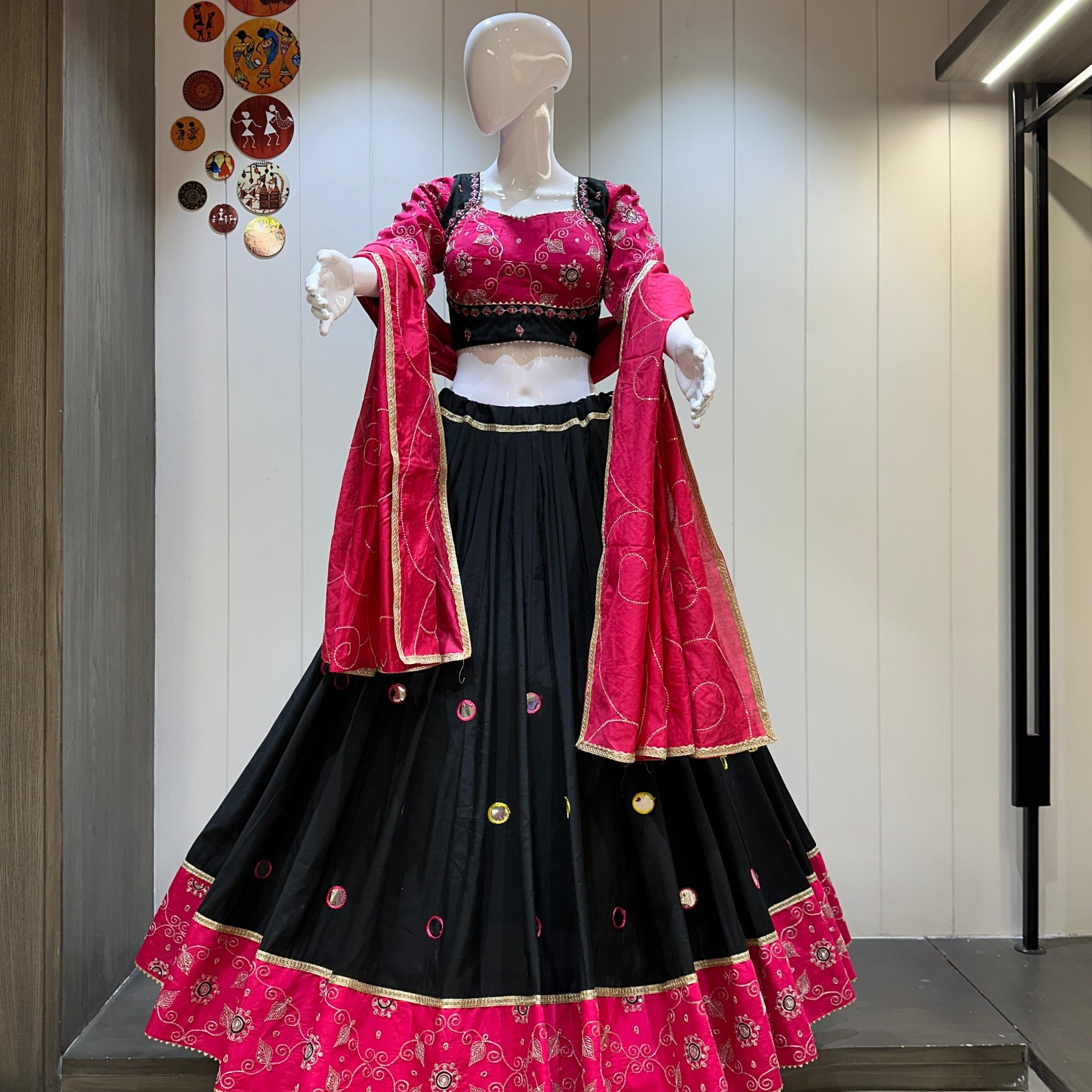 Black cotton chaniya choli with pink dupatta