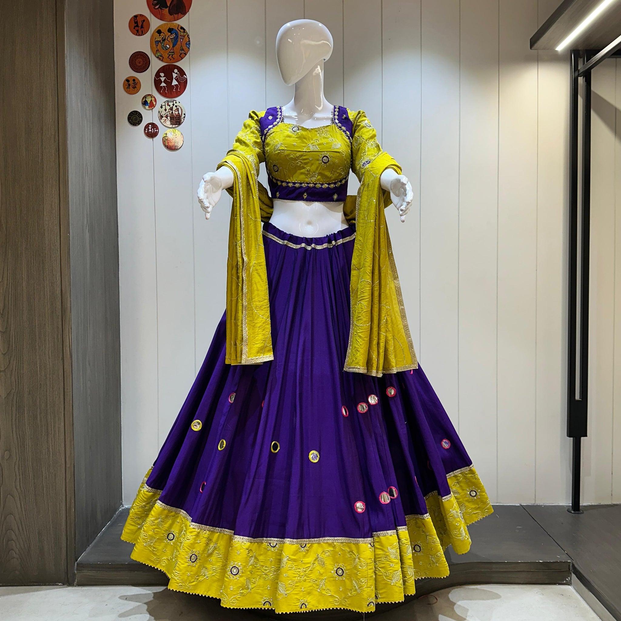Purple Navratri cotton chaniya choli with yellow dupatta 
