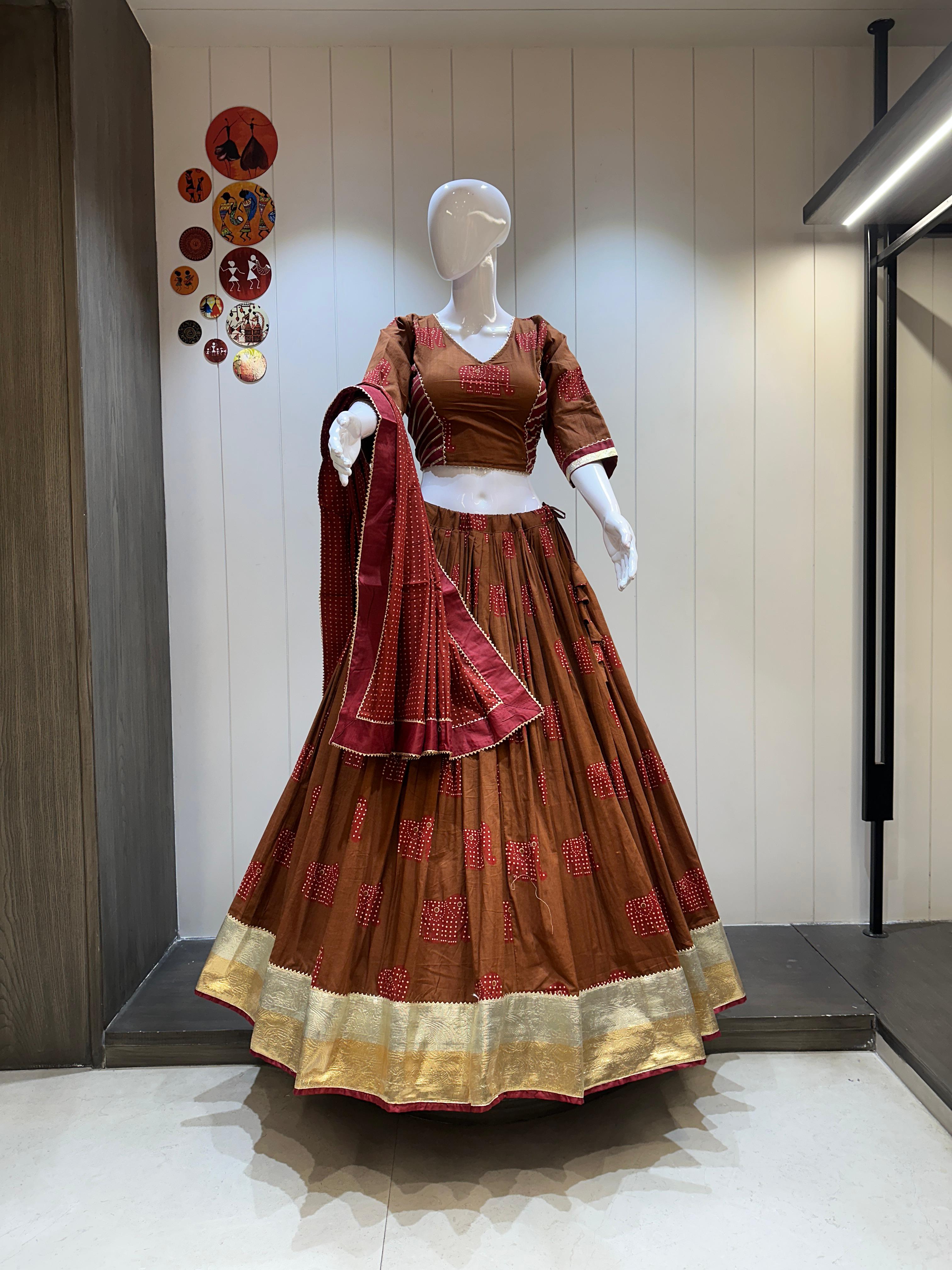 Rust Brown &amp; Maroon Ajrakh Cotton Chaniya Choli

