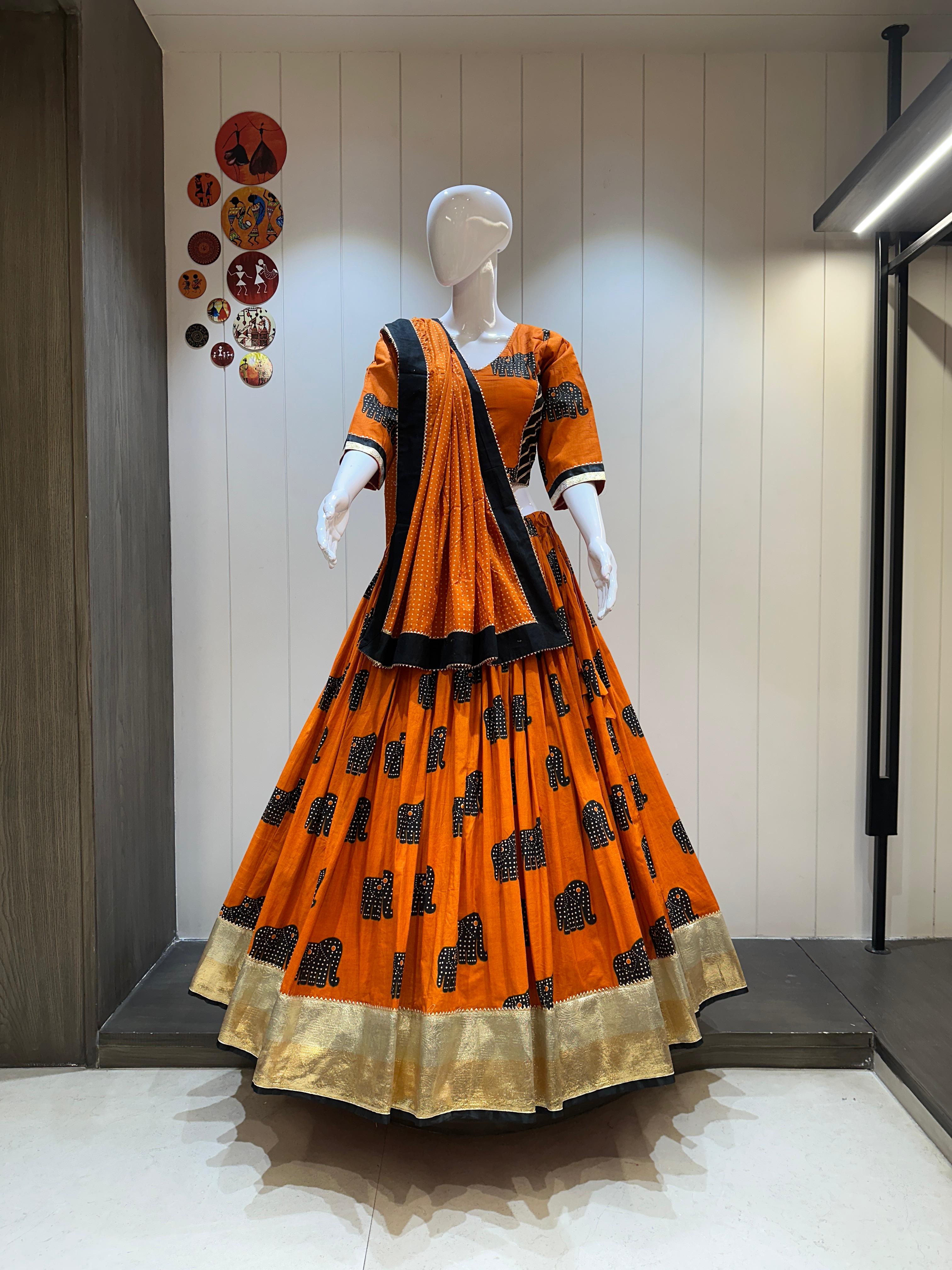 Orange traditional cotton chaniya choli for Navratri 