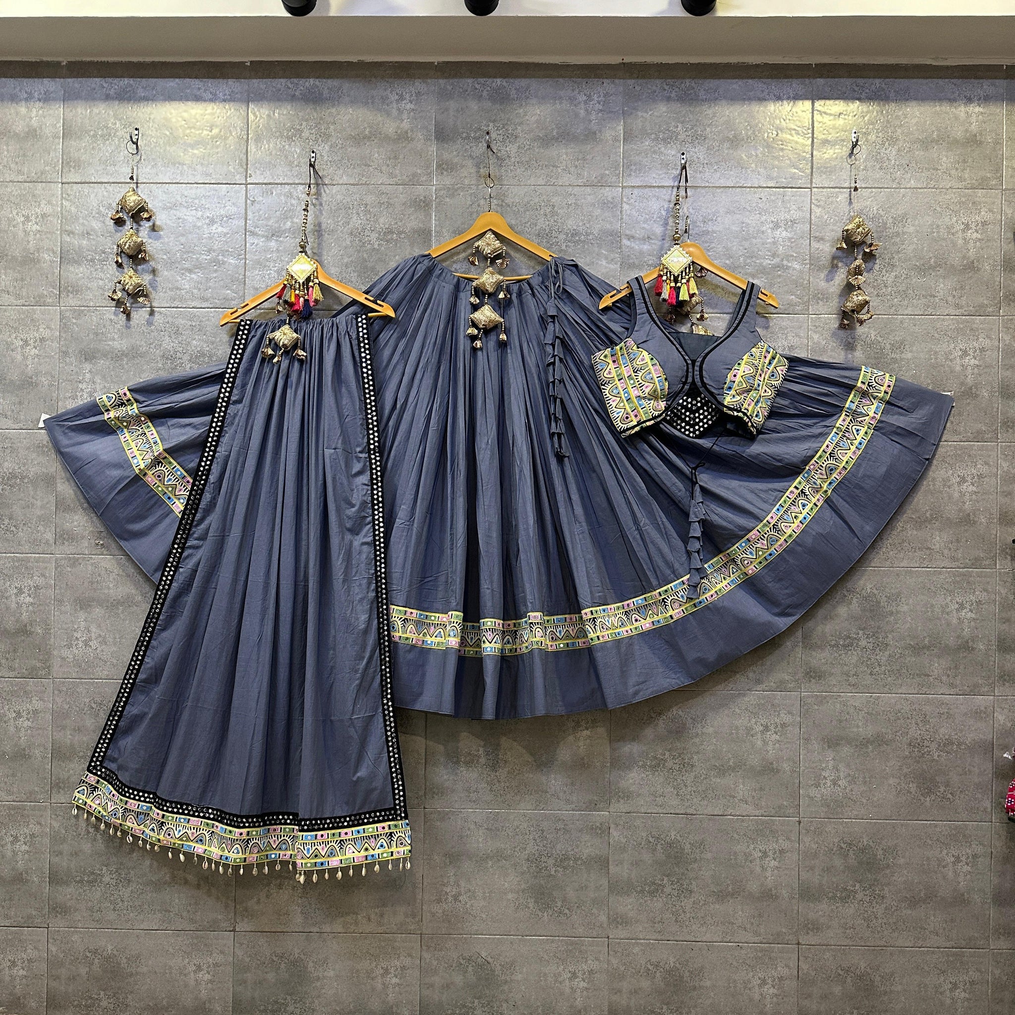 Steel grey mal cotton chaniya choli set with dupatta