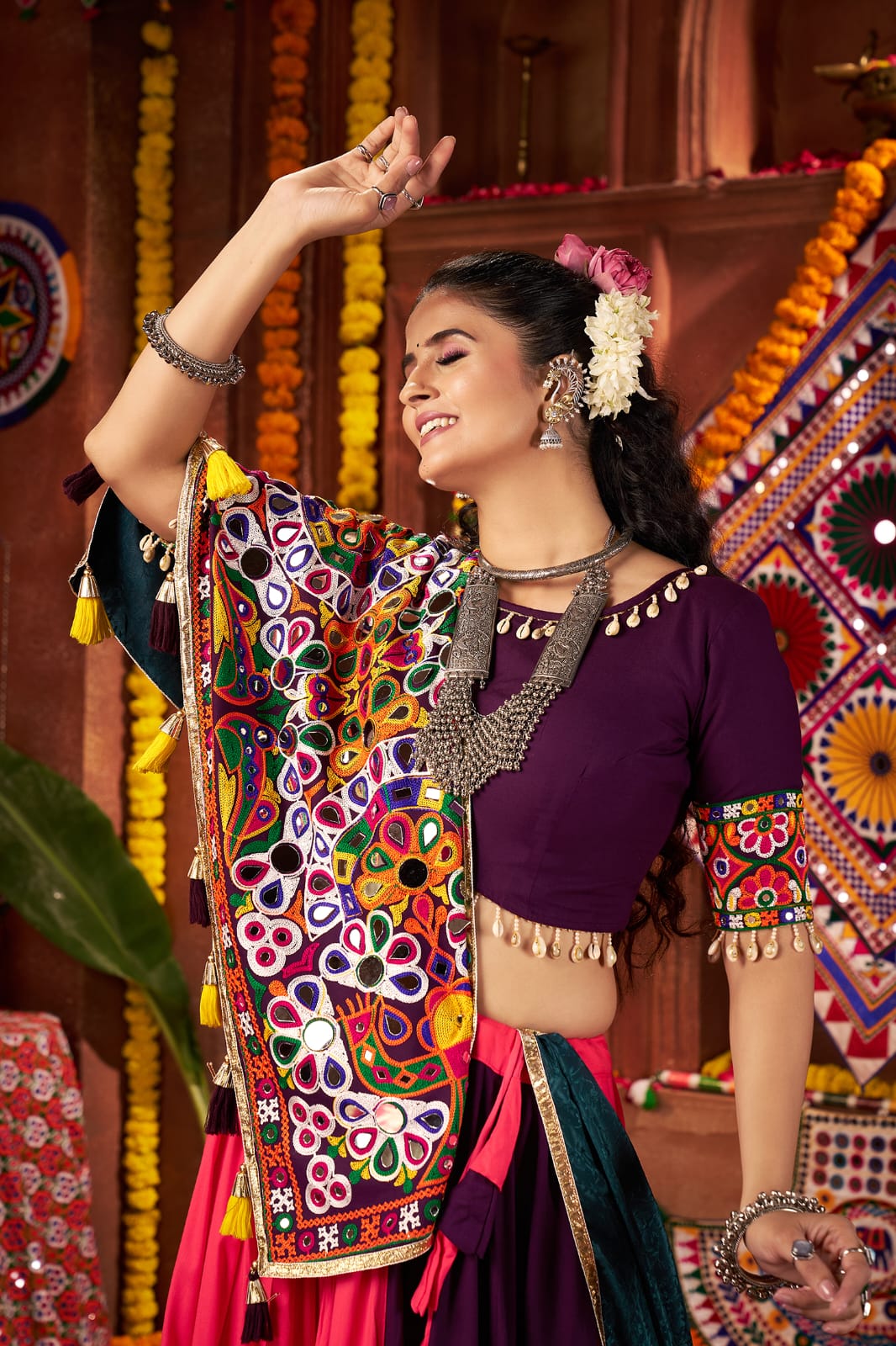Multicolor Kutchi Chaniya Choli with Silk Dupatta for Garba