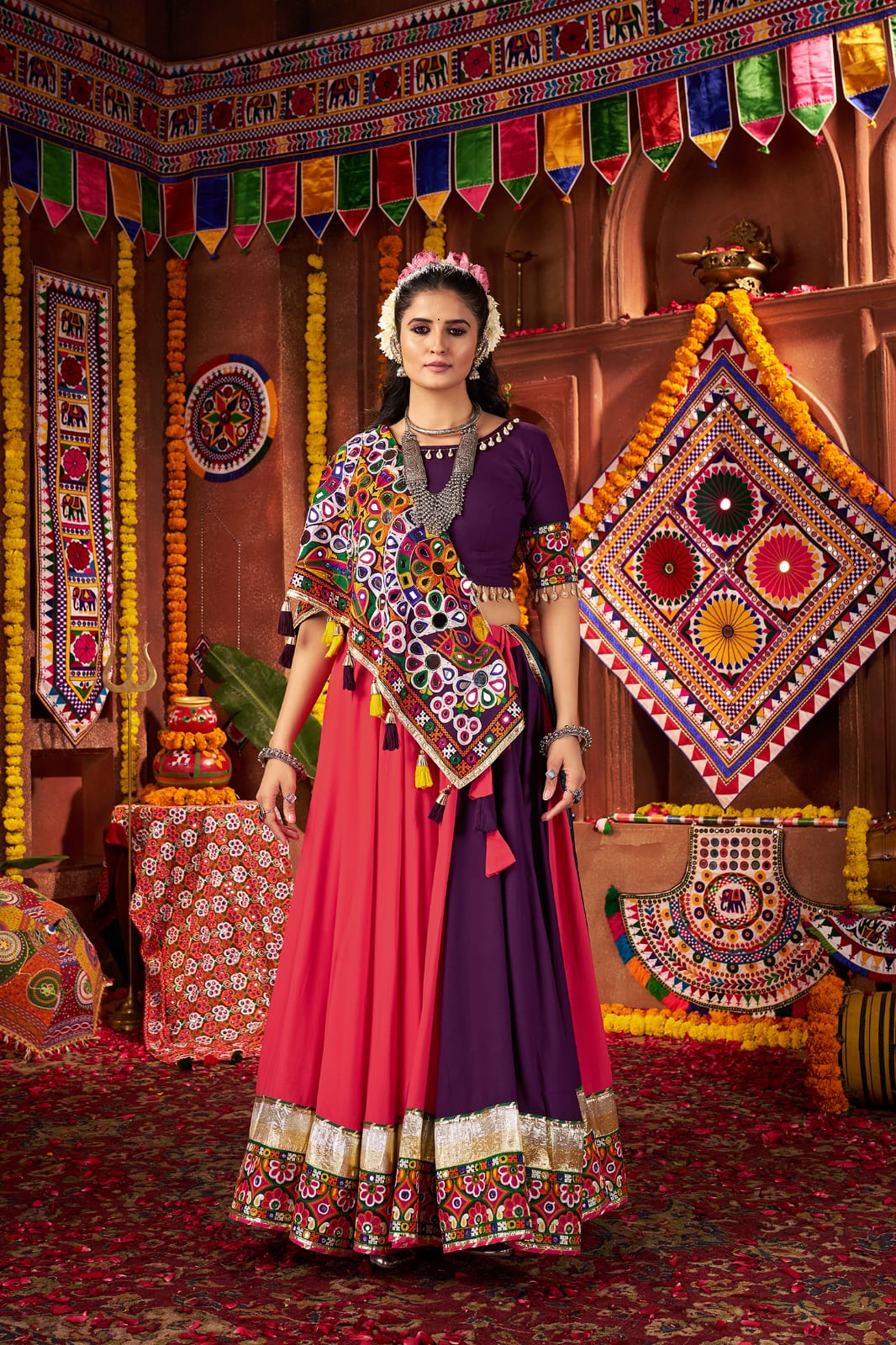 Multicolor Kutchi Chaniya Choli with Silk Dupatta for Garba