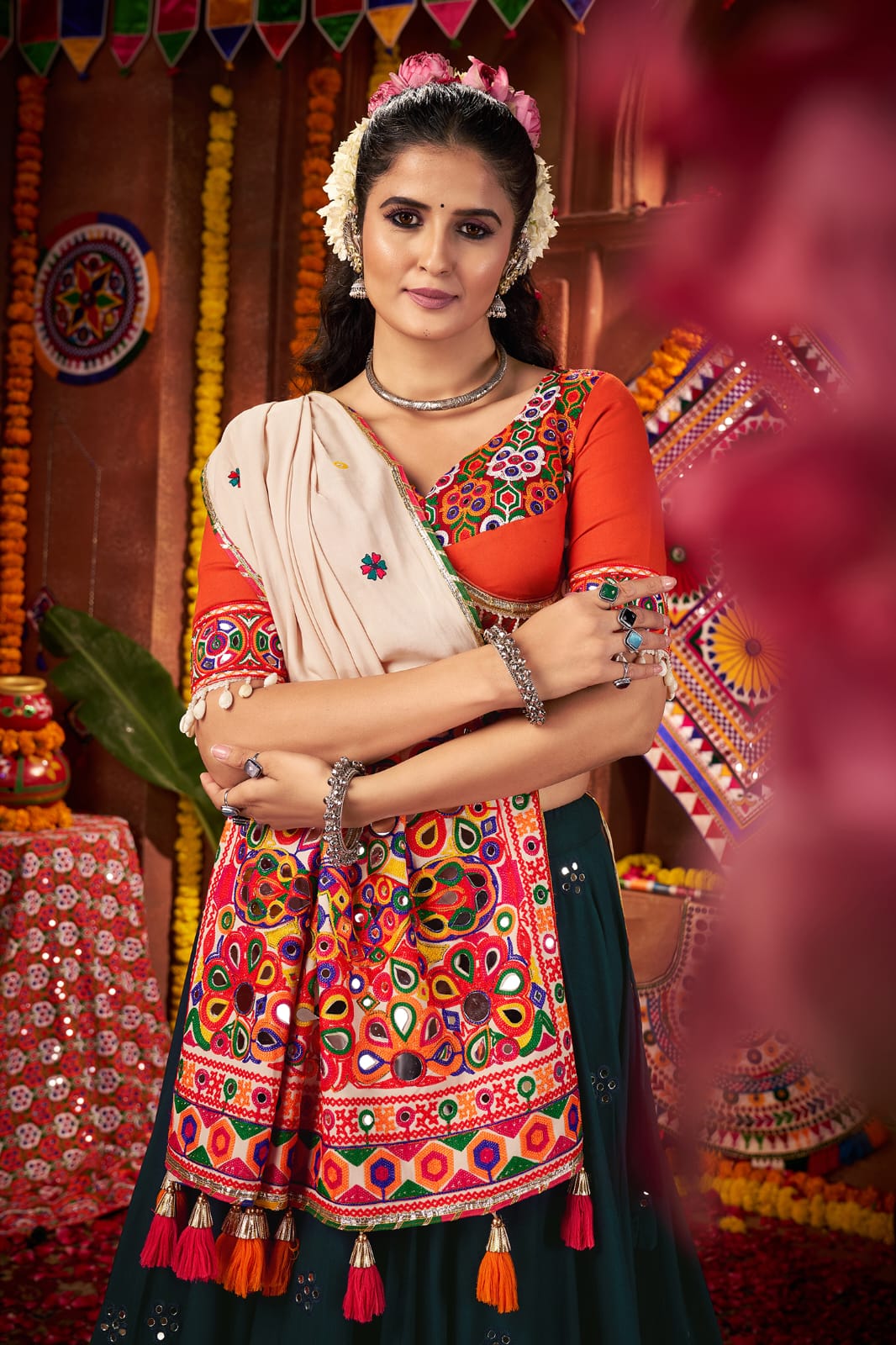 Teal blue chaniya choli with kutchi and mirror work for navratri