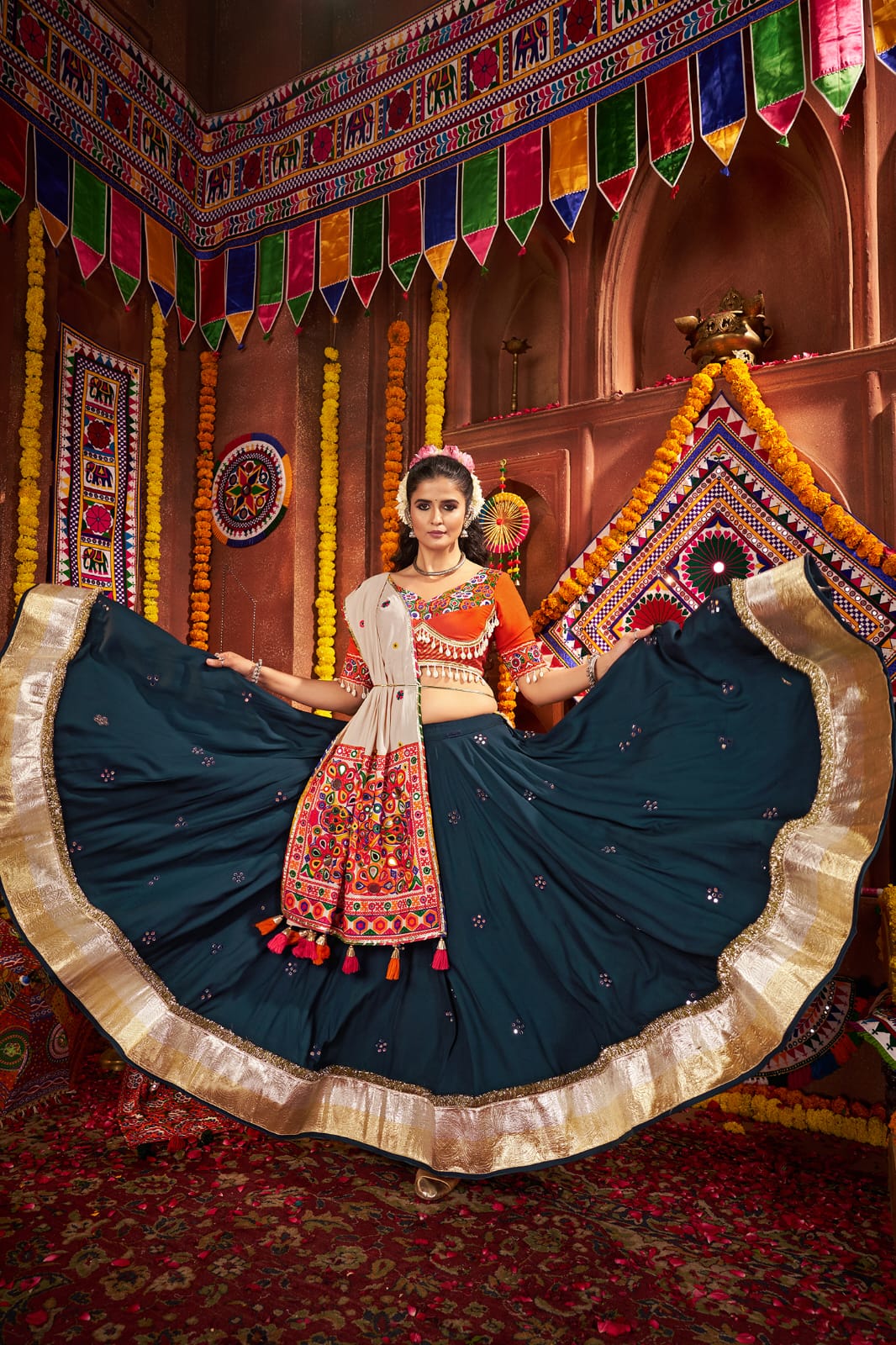 Teal blue stitched choli with embroidered dupatta for women
