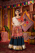 Teal blue chaniya choli with kutchi and mirror work for navratri