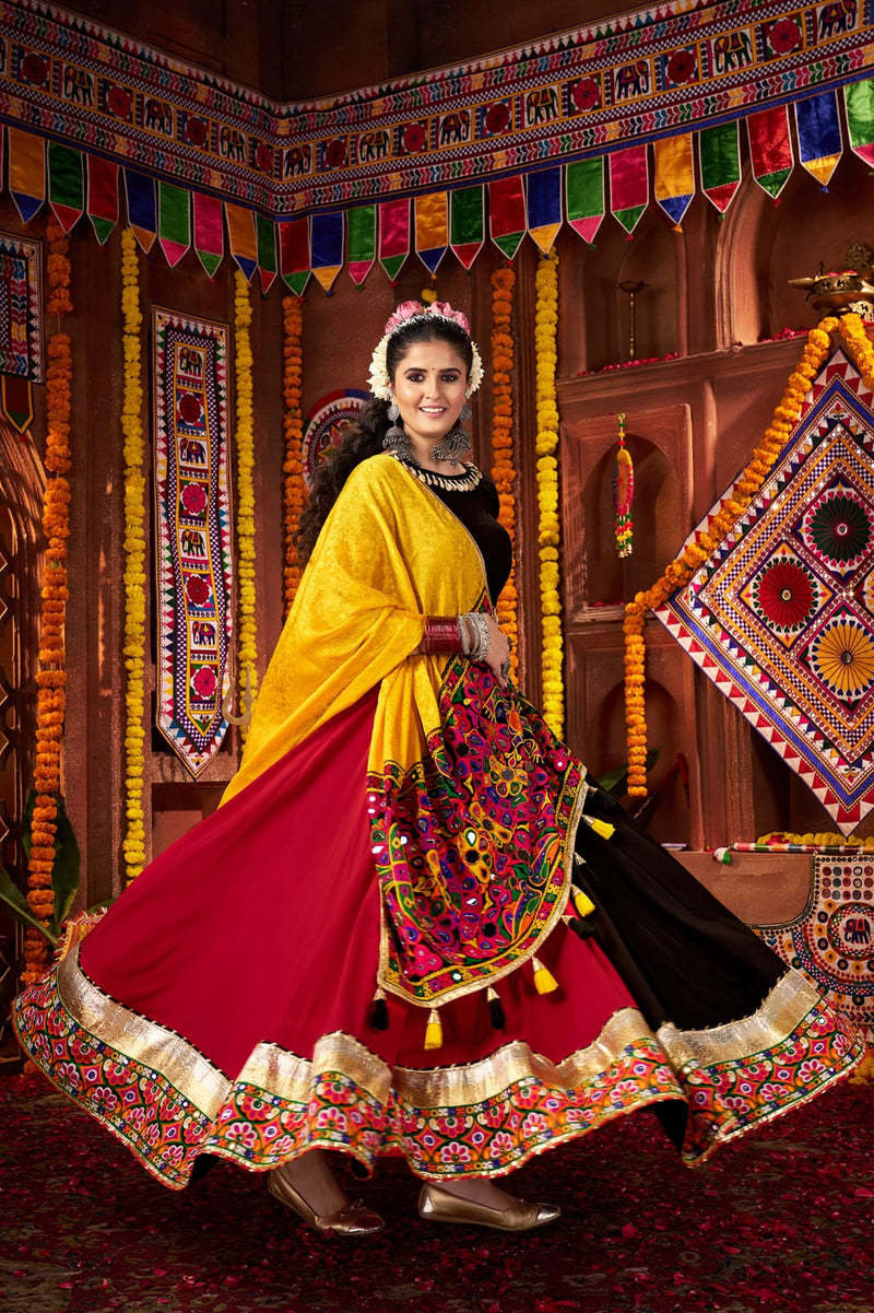 Multi color kutchi chaniya choli with yellow dupatta for navratri