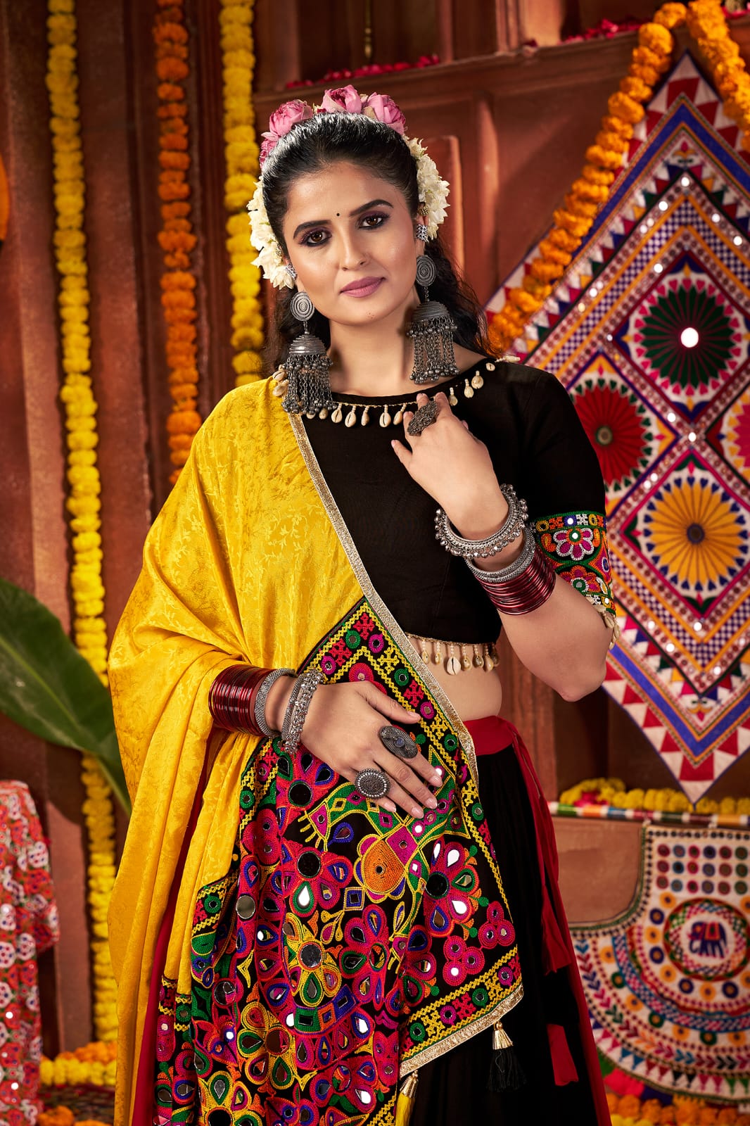 Multi color kutchi chaniya choli with yellow dupatta for navratri