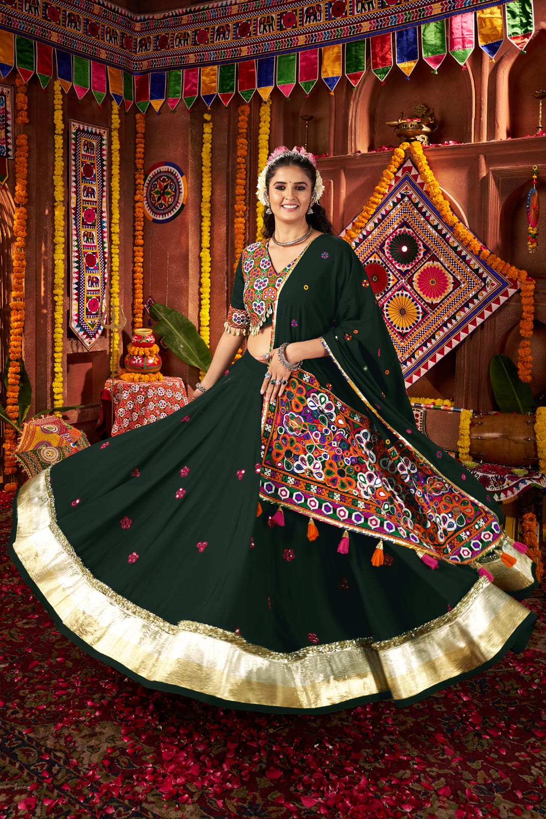 Green kutchi chaniya choli with mirror embroidery