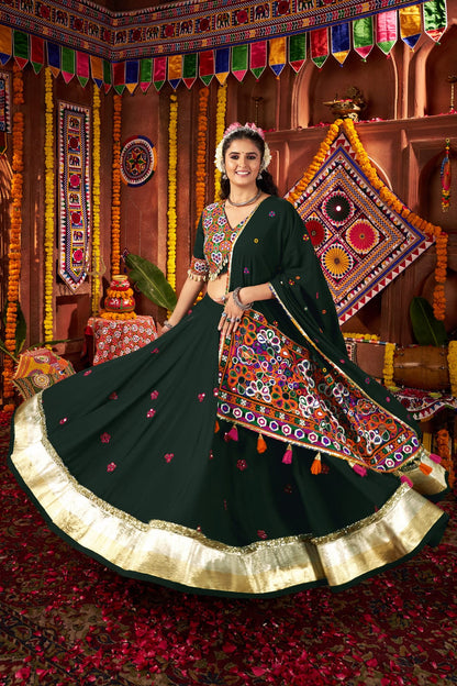 Green kutchi chaniya choli with mirror embroidery
