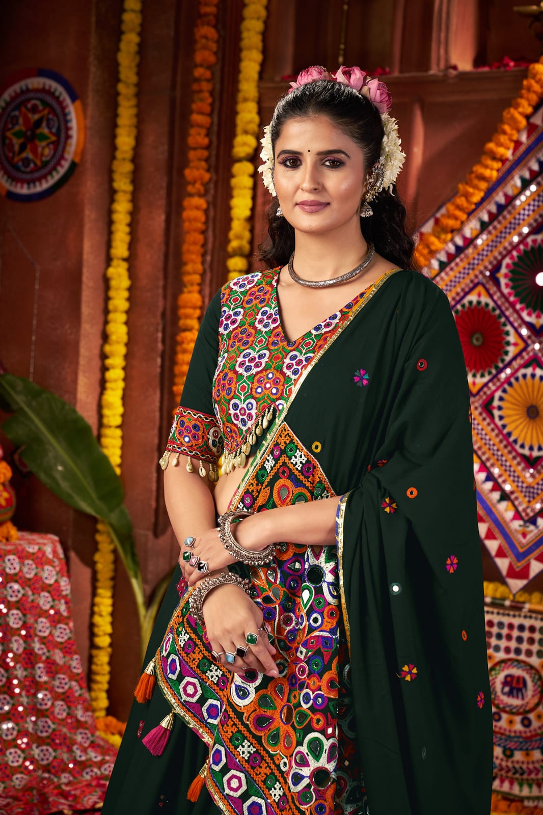 Green kutchi chaniya choli with mirror embroidery