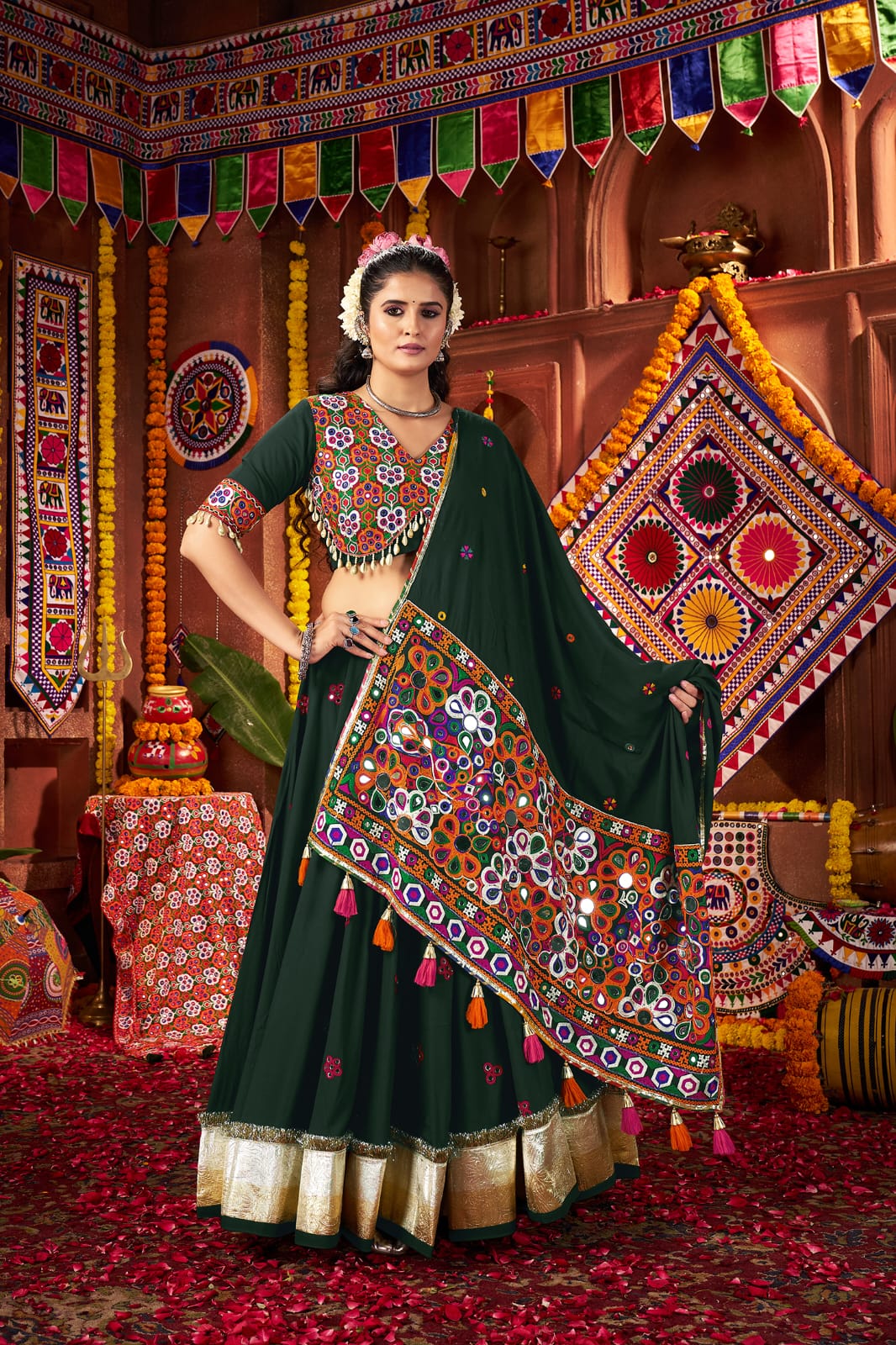 Traditional garba chaniya choli in green color