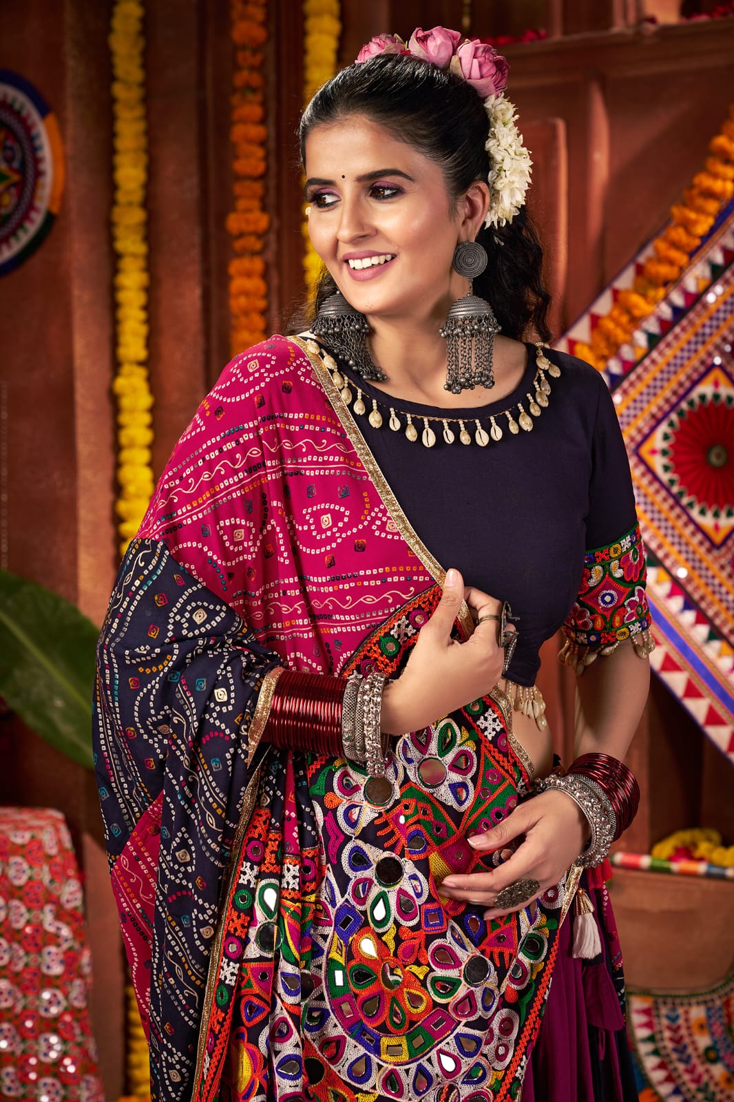 Kutchi lace work lehenga with printed dupatta